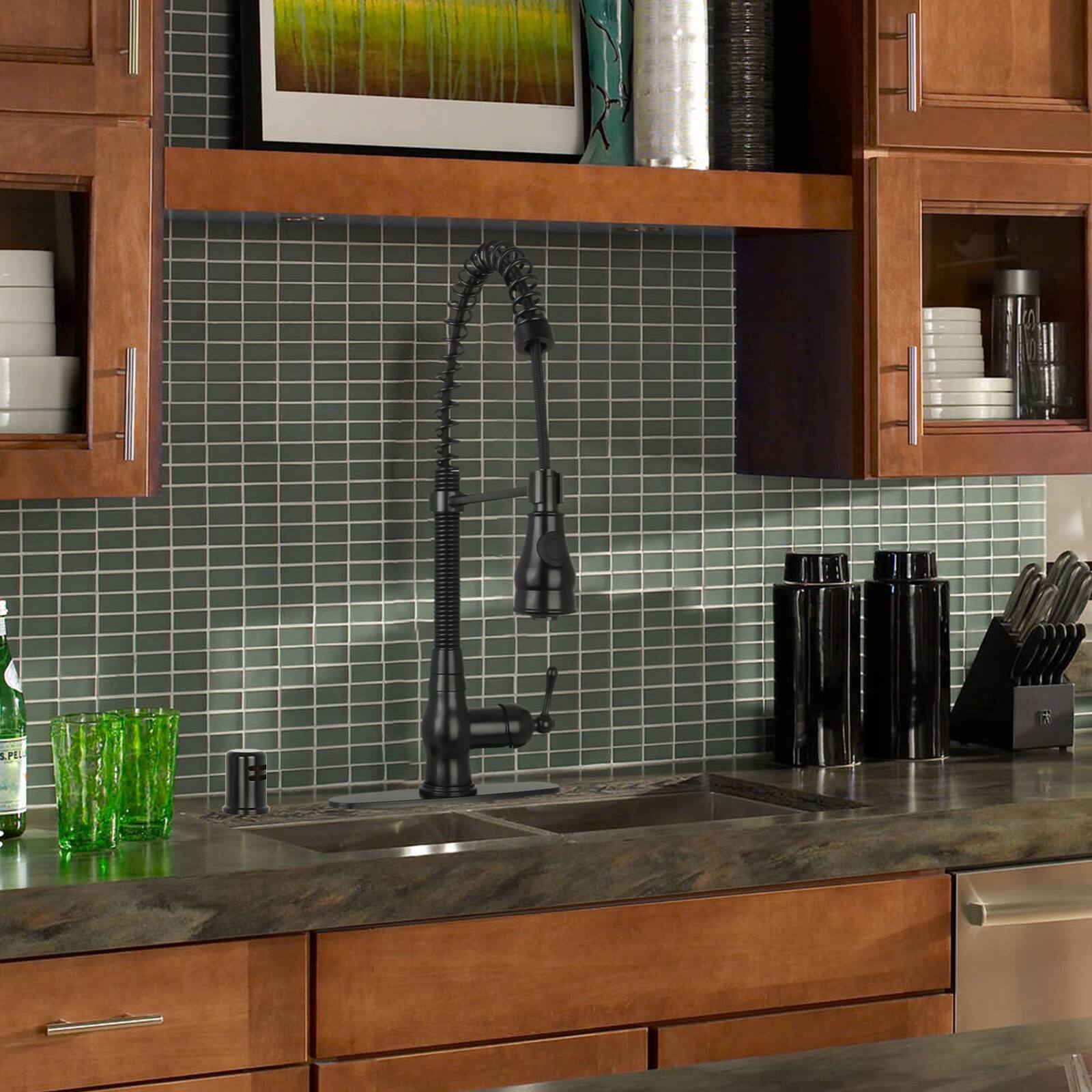 Alt View 4. Akicon - Akicon Solid Brass Pre-Rinse Spring Single Handle Kitchen Faucet with Pull Down Sprayer in Matte Black - Matte Black.