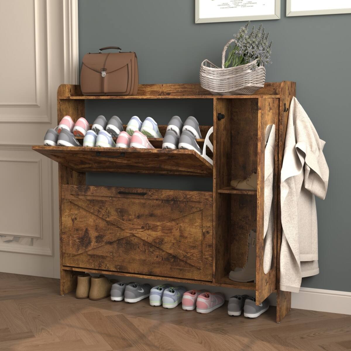 Alt View 2. Halitaa - Shoe Storage Cabinet with 2 Flip Drawers & Side Cabinet and Hooks,Farmhouse Shoe Organizer with Mirror Door for Entryway - Brown.
