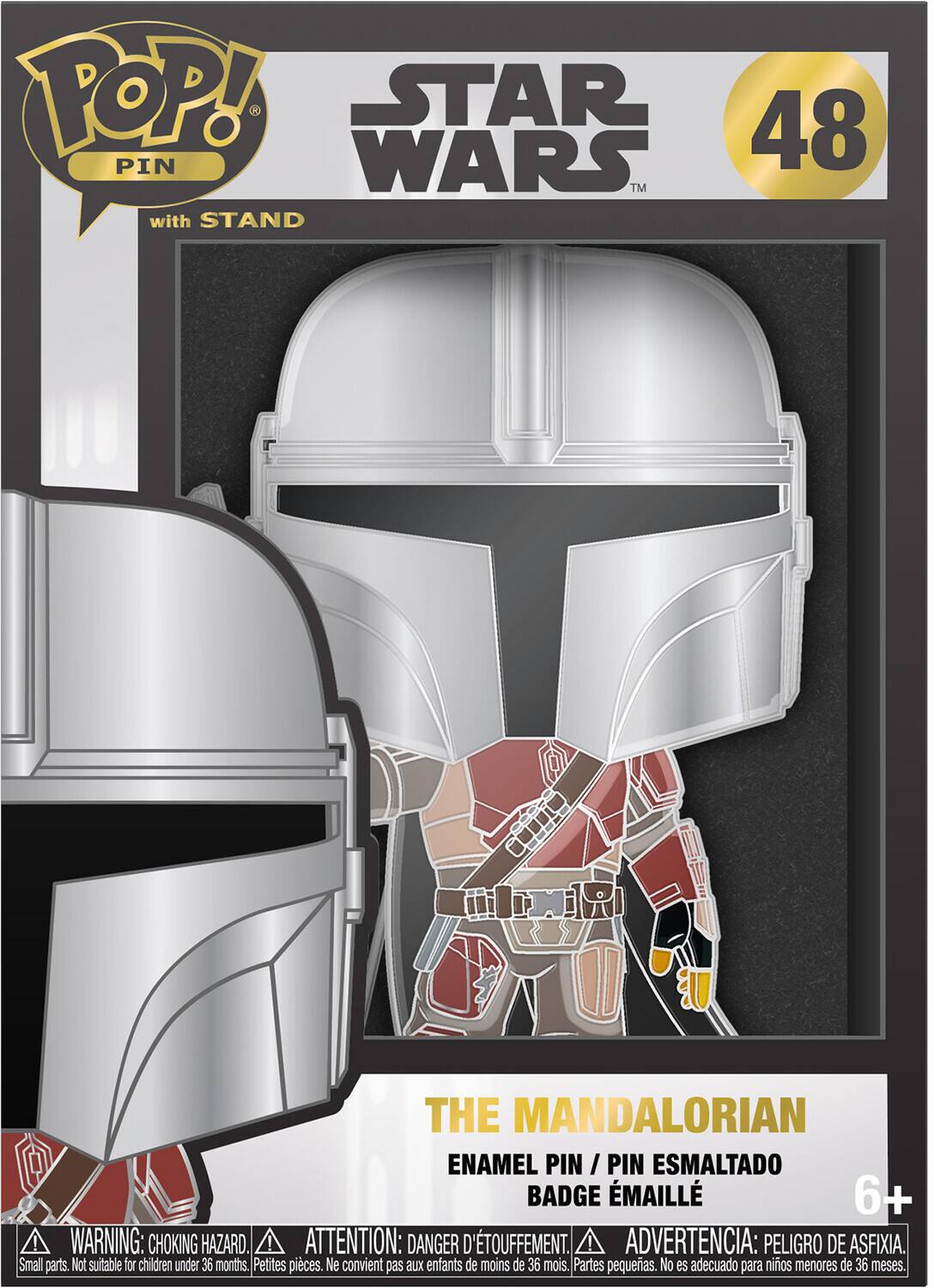 POP! STAR 48 PIN WARS TM with STAND THE MANDALORIAN ENAMEL PIN / PIN ESMALTADO BADGE EMAILLÉ 6+ WARNING: CHOKING HAZARD. ATTENTION: DANGER D'ETOUFFEMENT. ADVERTENCIA: PELIGRO DE ASFIXIA. Small parts. Not suitable for children under 36 months. Petites pices. Ne convient pas aux enfants de moins de 36 mois. Partes pequeas. No es adecuado para niños menores de 36 meses.