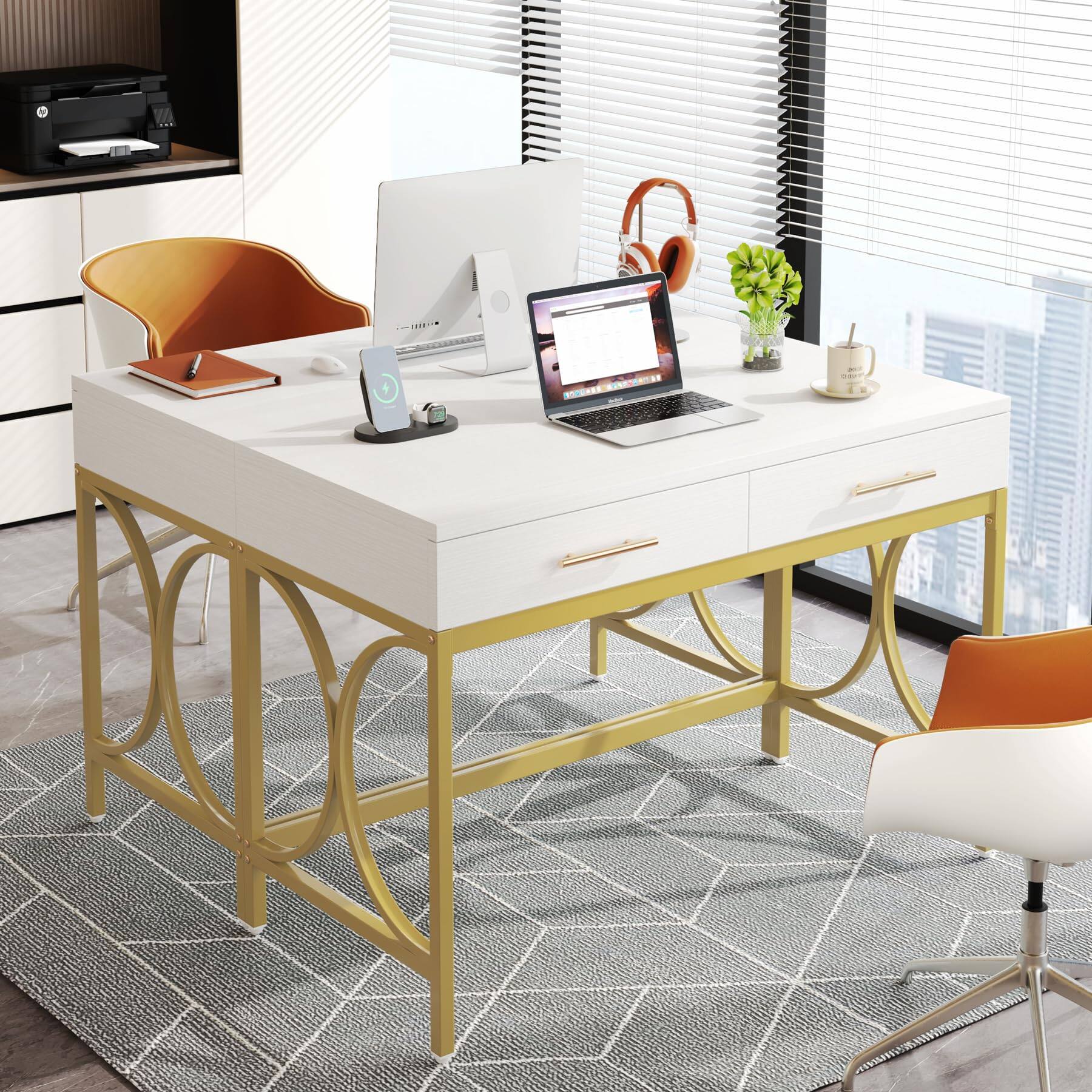 Alt View 4. Tribesigns - 41" White and Gold Computer Desk with 2 Drawers - White & Gold.