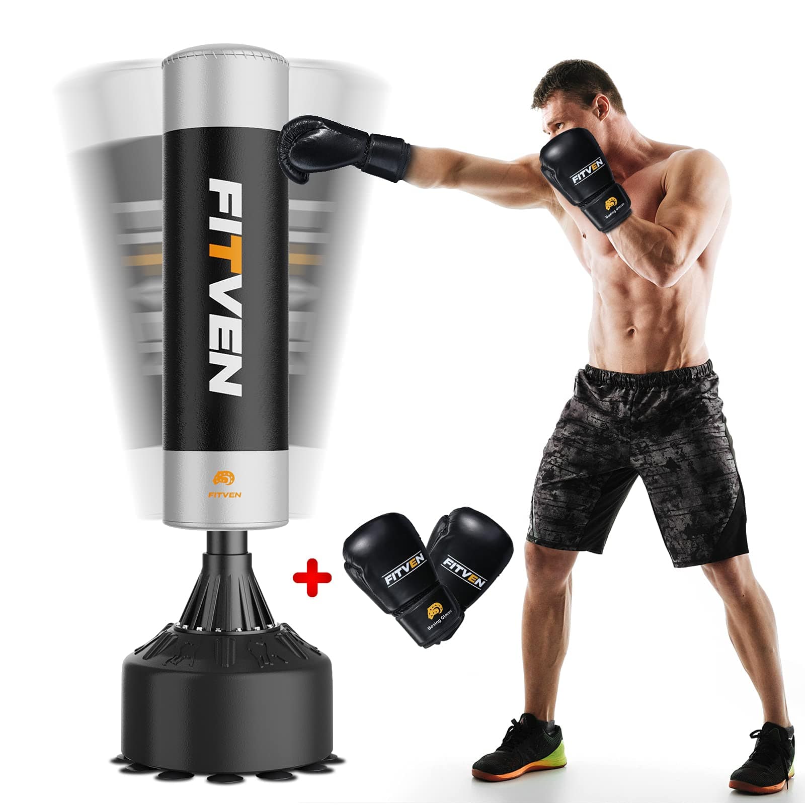 FLYBIRD - Freestanding Punching Bag with Boxing Gloves Heavy Boxing Bag with Suction Cup Base - Men Stand Kickboxing Bag - Silver