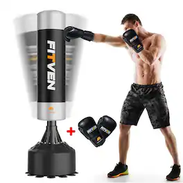 FLYBIRD - Freestanding Punching Bag with Boxing Gloves Heavy Boxing Bag with Suction Cup Base - Men Stand Kickboxing Bag - Silver