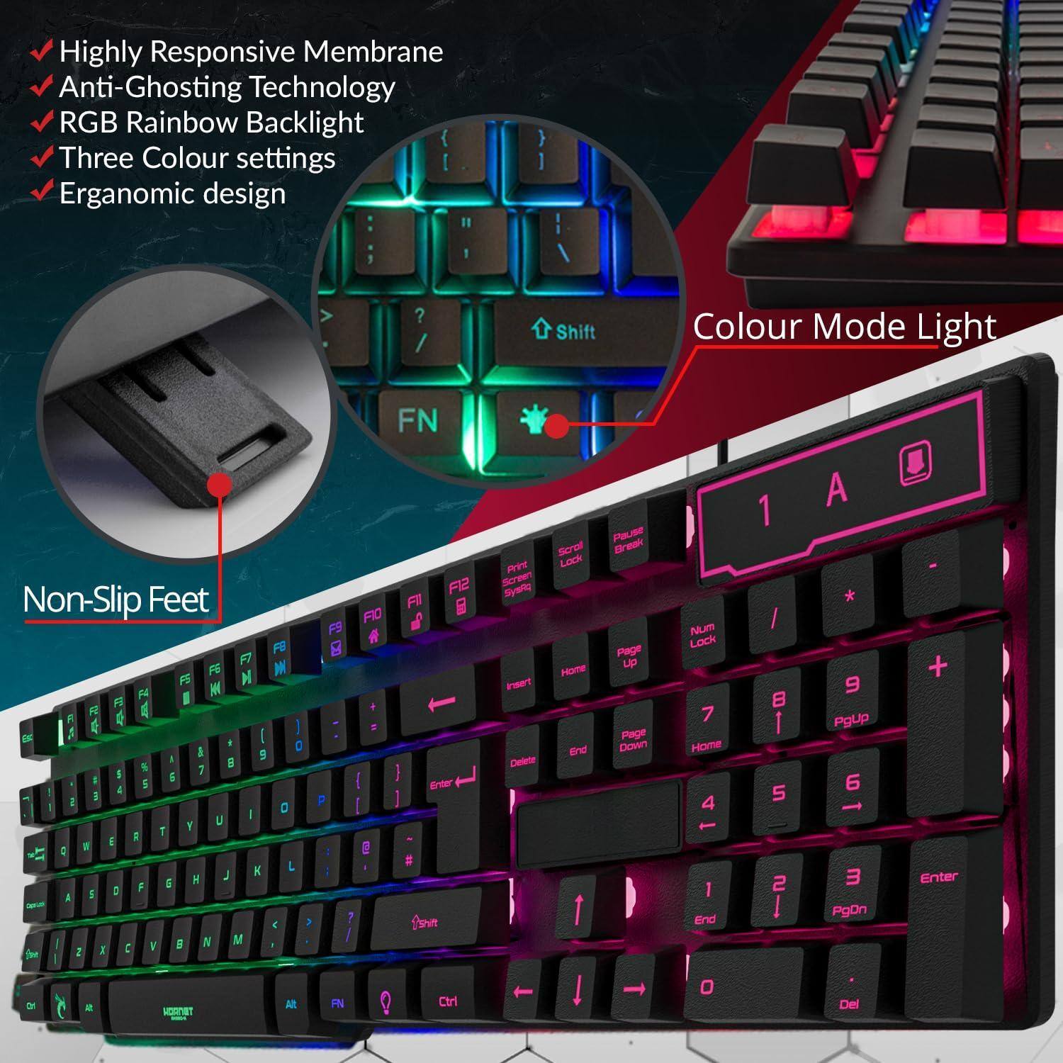 - Highly Responsive Membrane
- Anti-Ghosting Technology
- RGB Rainbow Backlight
- Three Colour settings
- Ergonomic design

Colour Mode Light

Non-Slip Feet