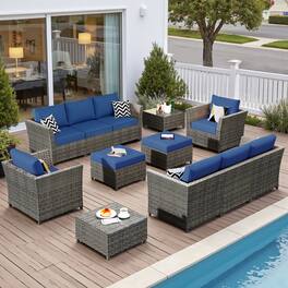 Ovios - 12 PCS Patio Furniture Set, 3 Seat Cushioned Sofa, Comfy Armchair with Ottoman & Coffee Table - Navy Blue