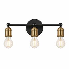 RYHNUYNE - 3-Light Matte Black and Gold Bathroom Vanity Light with Round Backplate, Industrial Farmhouse Wall Sconce for Mirror