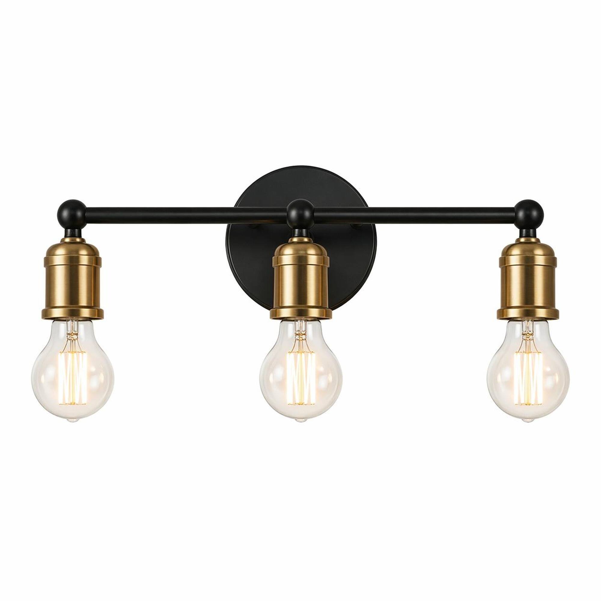 Front. RYHNUYNE - 3-Light Matte Black and Gold Bathroom Vanity Light with Round Backplate, Industrial Farmhouse Wall Sconce for Mirror.