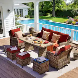 Yardgrace - 7-Piece Wicker Patio Set w/ Swivel Chairs, Loveseat, 2 Ottomans & Dining Table – Perfect for Relaxing - Red