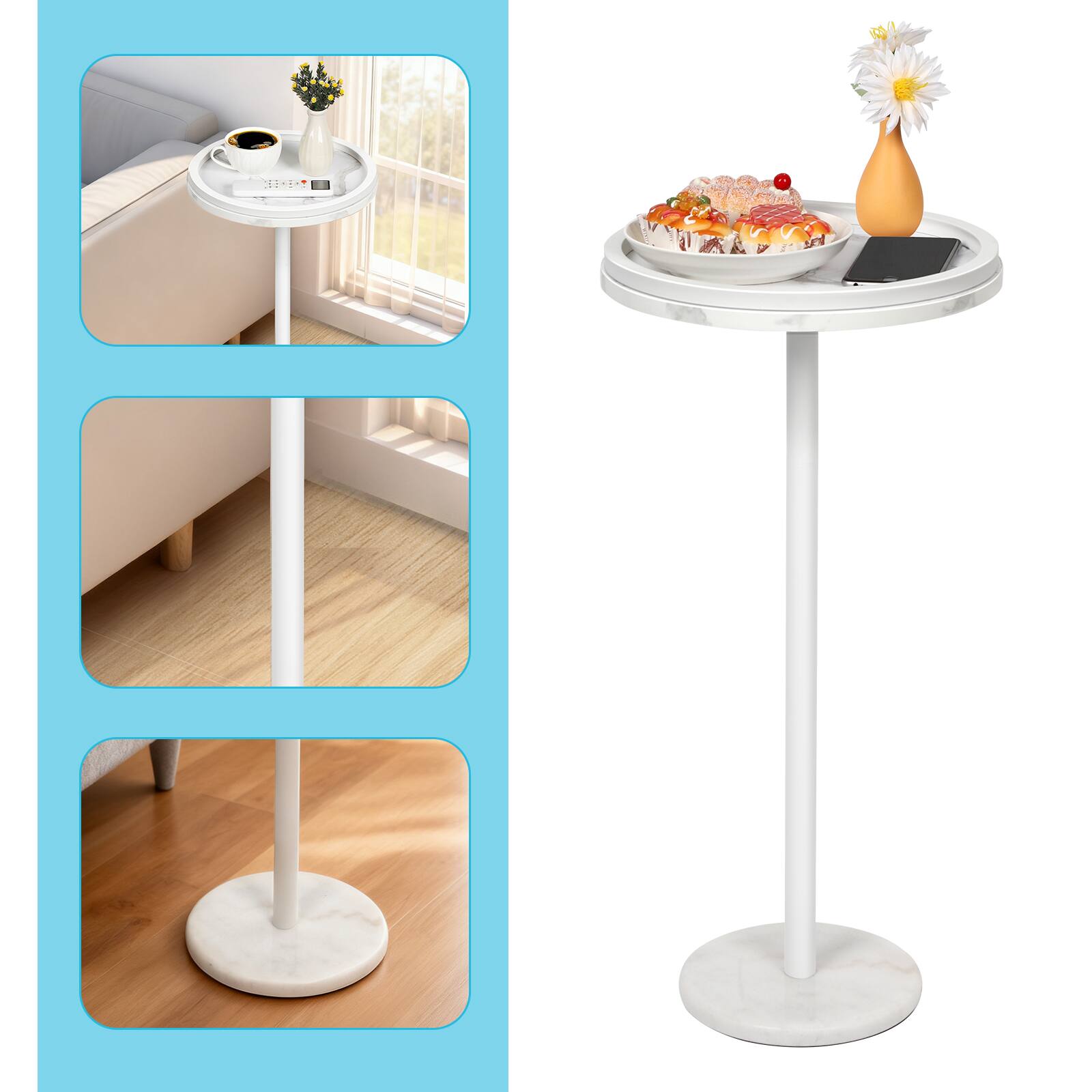 Left. Oumilen - White Marble Round Side Table with Raised Edge - White.