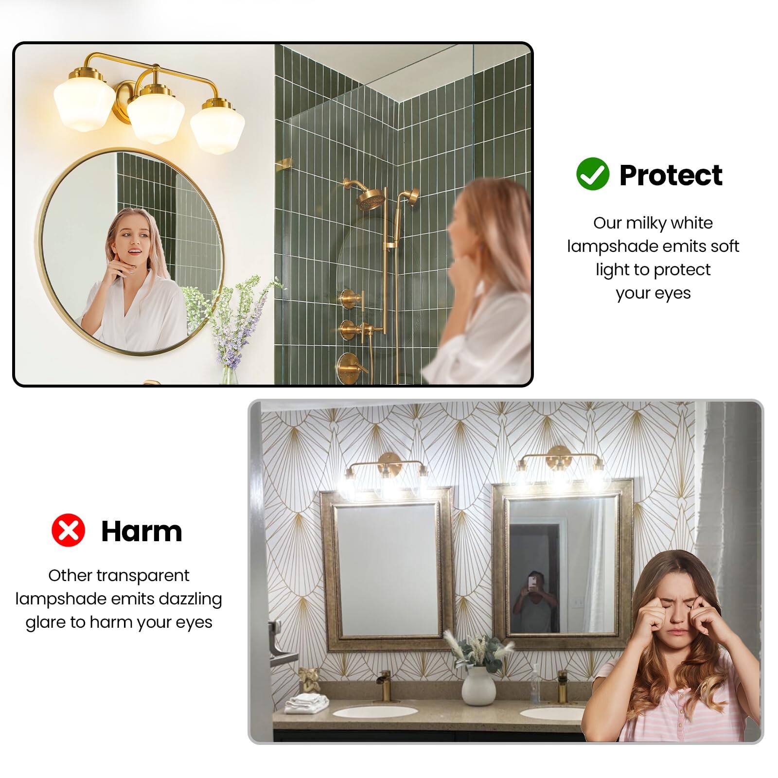 Protect  
Our milky white lampshade emits soft light to protect your eyes  

Harm  
Other transparent lampshade emits dazzling glare to harm your eyes