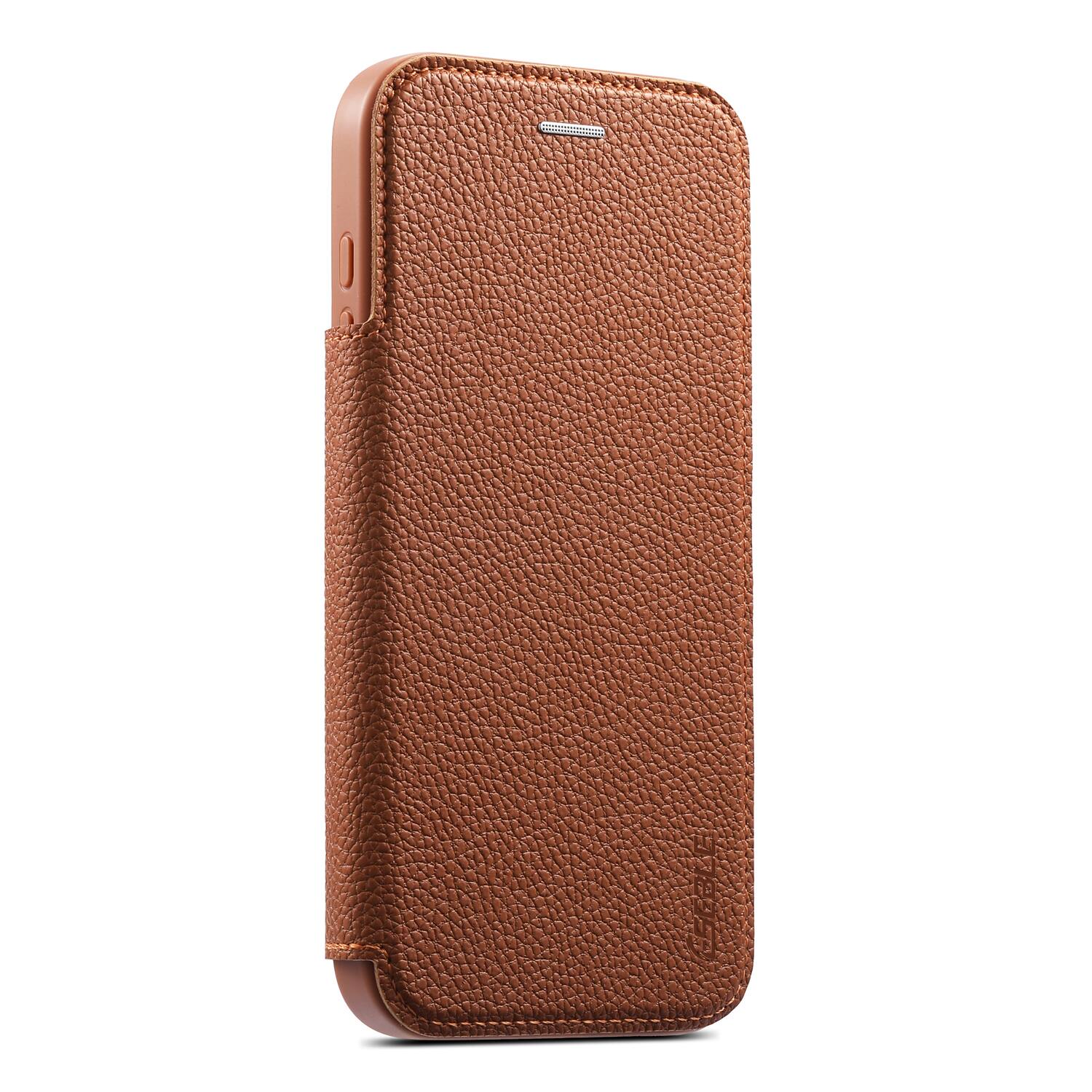 Back. Dteck - Ultra-Thin Faux Leather Card Slot Case for Apple iPhone 17 Pro Max,Wireless Charging,Flip Card Pocket Phone Cover - Brown.