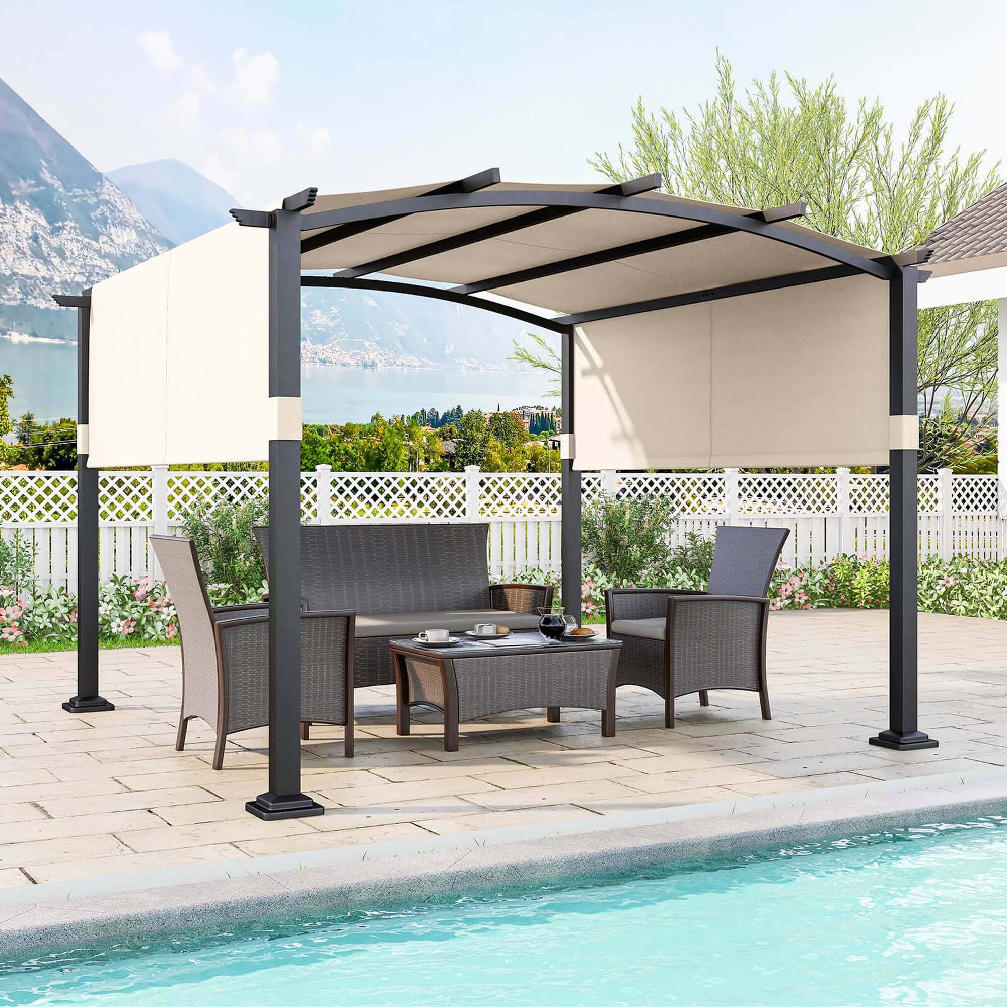Alt View 2. Costway - 10' x 10' Outdoor Pergola with Retractable Sunshade Canopy Anchored Plates Patio - Beige + Black.
