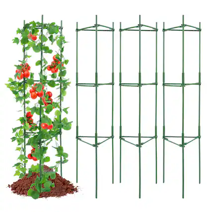 Front. VEVOR - 4 Packs Tomato Cages for Garden, 63 inch Tomato Trellis Plant Stakes Support, Stackable Tall Plant Support Cage - Green.