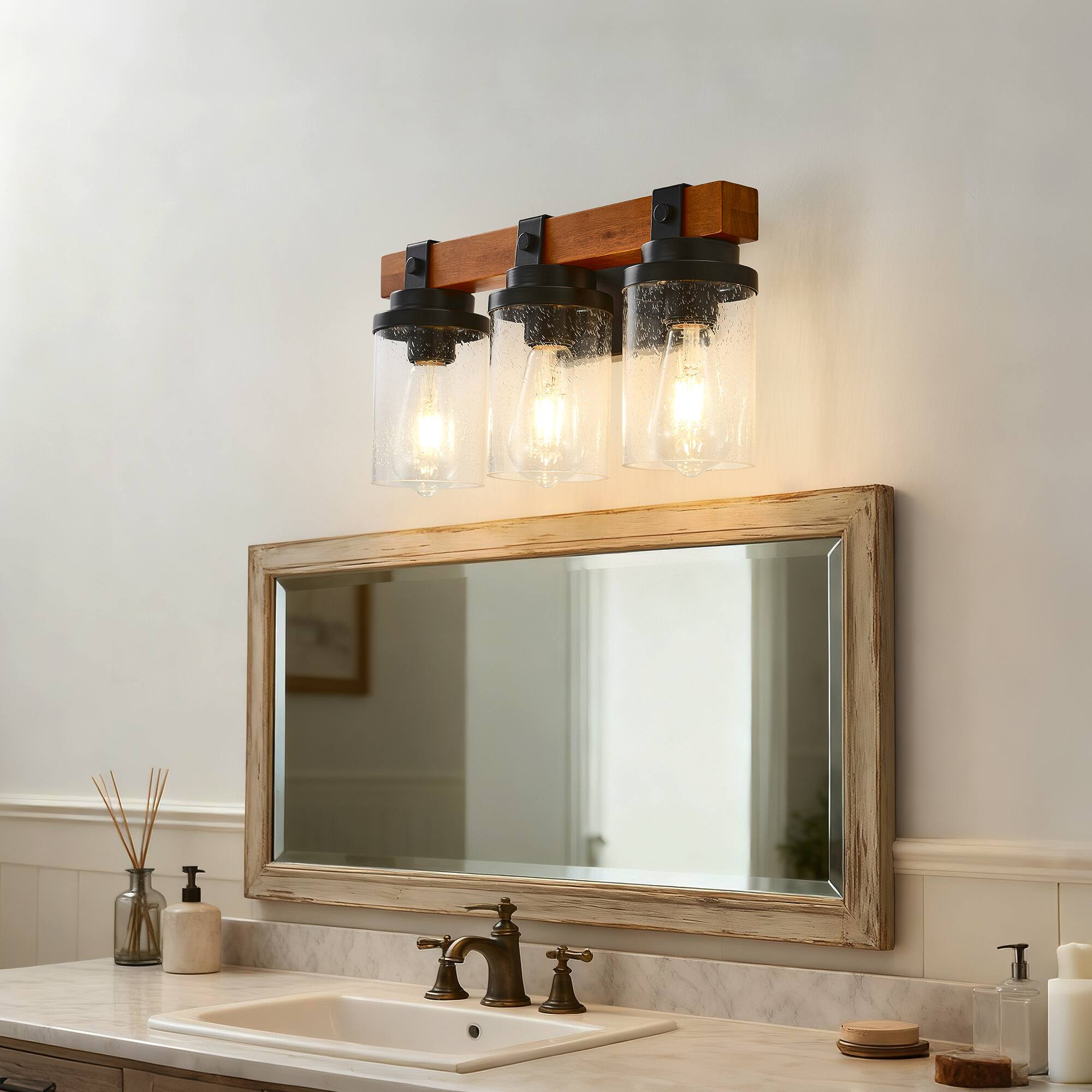 Alt View 1. TinyHomie - 3 Light Matte Black And Wooden Wall Lamps With Glass Shades No Bulbs For Bathroom Or Bedroom.