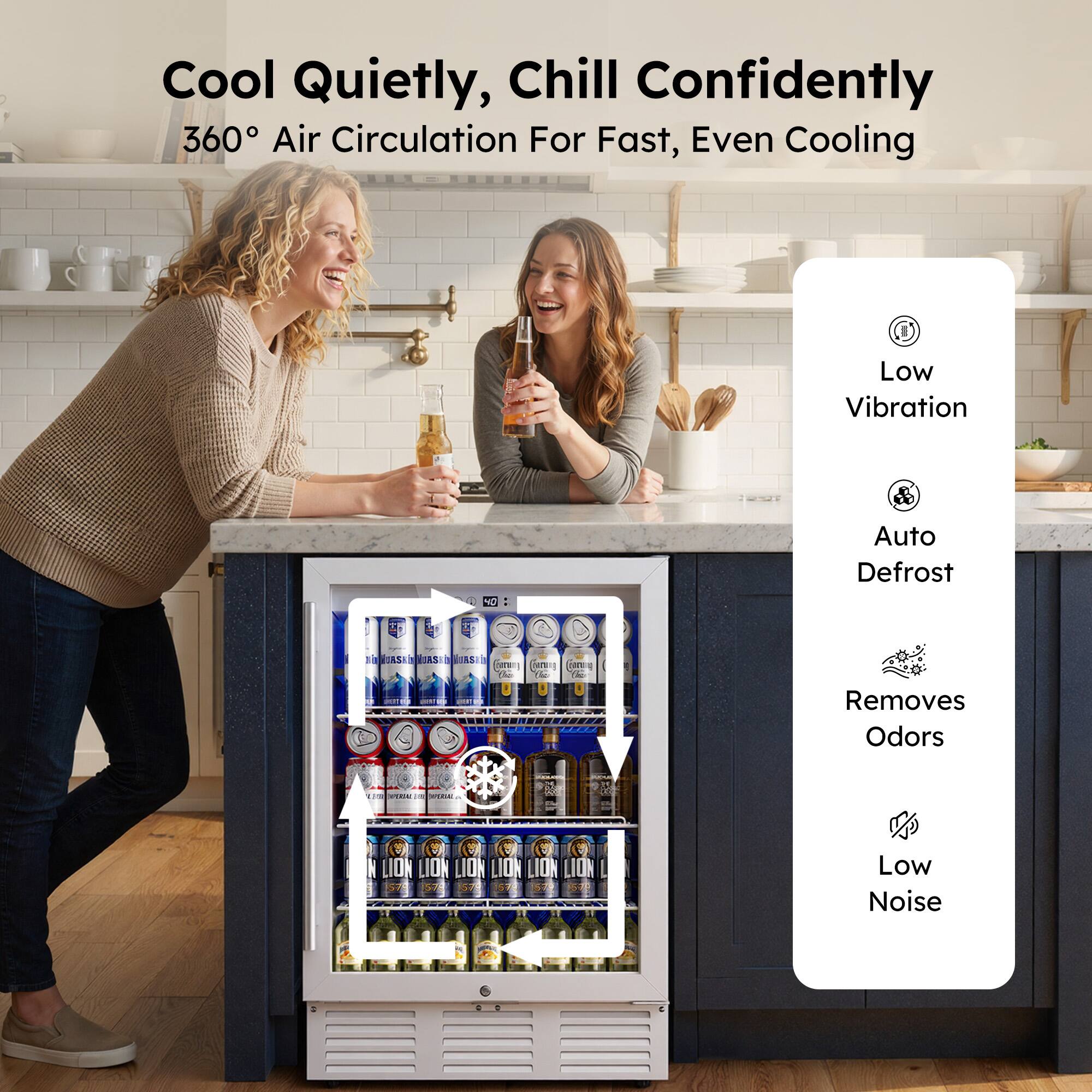 Cool Quietly, Chill Confidently  
360° Air Circulation For Fast, Even Cooling  

- Low Vibration  
- Auto Defrost  
- Removes Odors  
- Low Noise