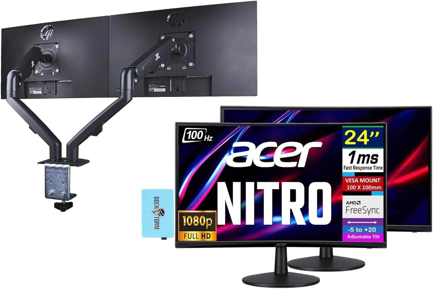 Acer - Nitro ED240Q FreeSync FHD Monitor, VESA Mount, HDMI w/DKZ Hub, (UM.UE0AA.H01)& ErgoFlexy Dual Monitor Mount (2Pack) - Black