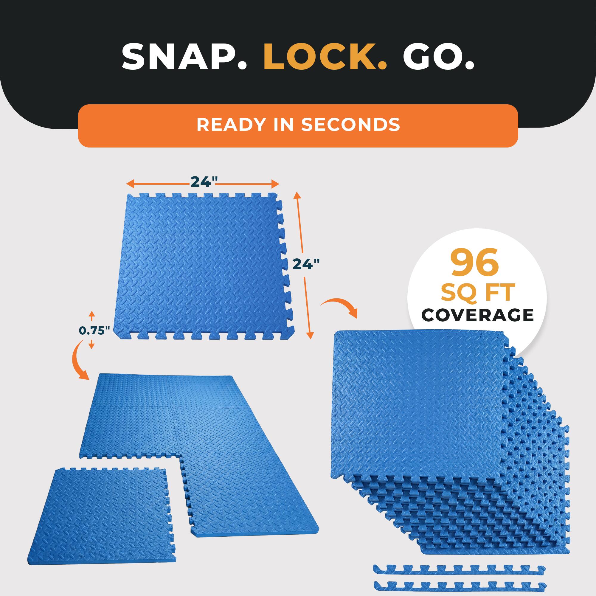 SNAP. LOCK. GO.
READY IN SECONDS
24" x 24" x 0.75"
96 SQ FT COVERAGE