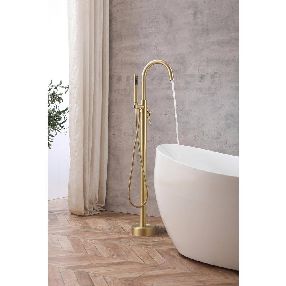 Alt View 9. Elegant Kitchen and Bath - Steven Floor Mounted Roman Tub Faucet with Handshower in Brushed Gold - Brushed Gold.