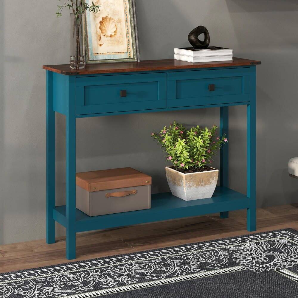 Alt View 10. Kadyn - Farmhouse Style Console Table - 2 Drawers & Bottom Storage Shelf, Rustic Side Table for Entryway, Living Room, Hallway - Blue.