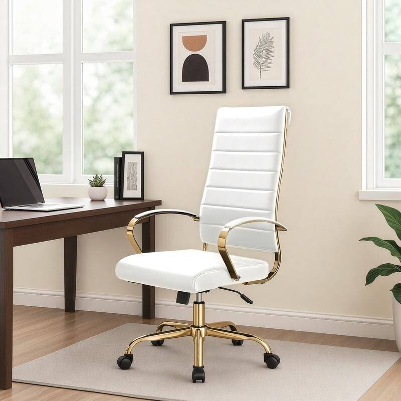 Angle. LeisureMod - Set of 2 Benmar High-Back Leather Conference Desk Office Chair with Gold Frame, Adjustable, Swivel and Tilt - White.