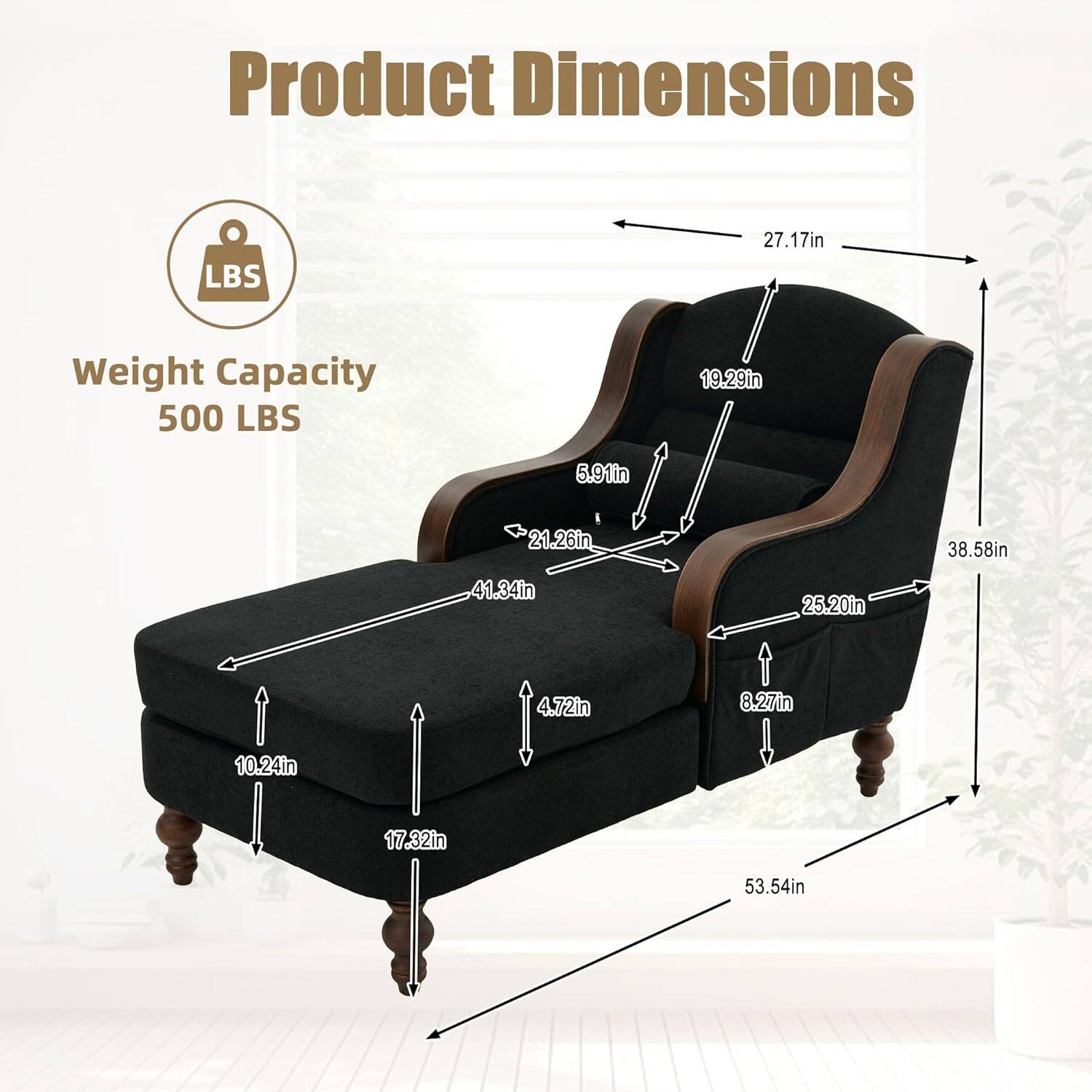 Product Dimensions  
Weight Capacity: 500 LBS  

- 27.17in (Width)
- 38.58in (Depth)
- 53.54in (Height)
- 19.29in (Armrest Height)
- 5.91in (Armrest Width)
- 21.26in (Seat Depth)
- 41.34in (Seat Width)
- 10.24in (Seat Height)
- 8.27in (Back Height)
- 25.20in (Back Width)
- 4.72in (Leg Height)