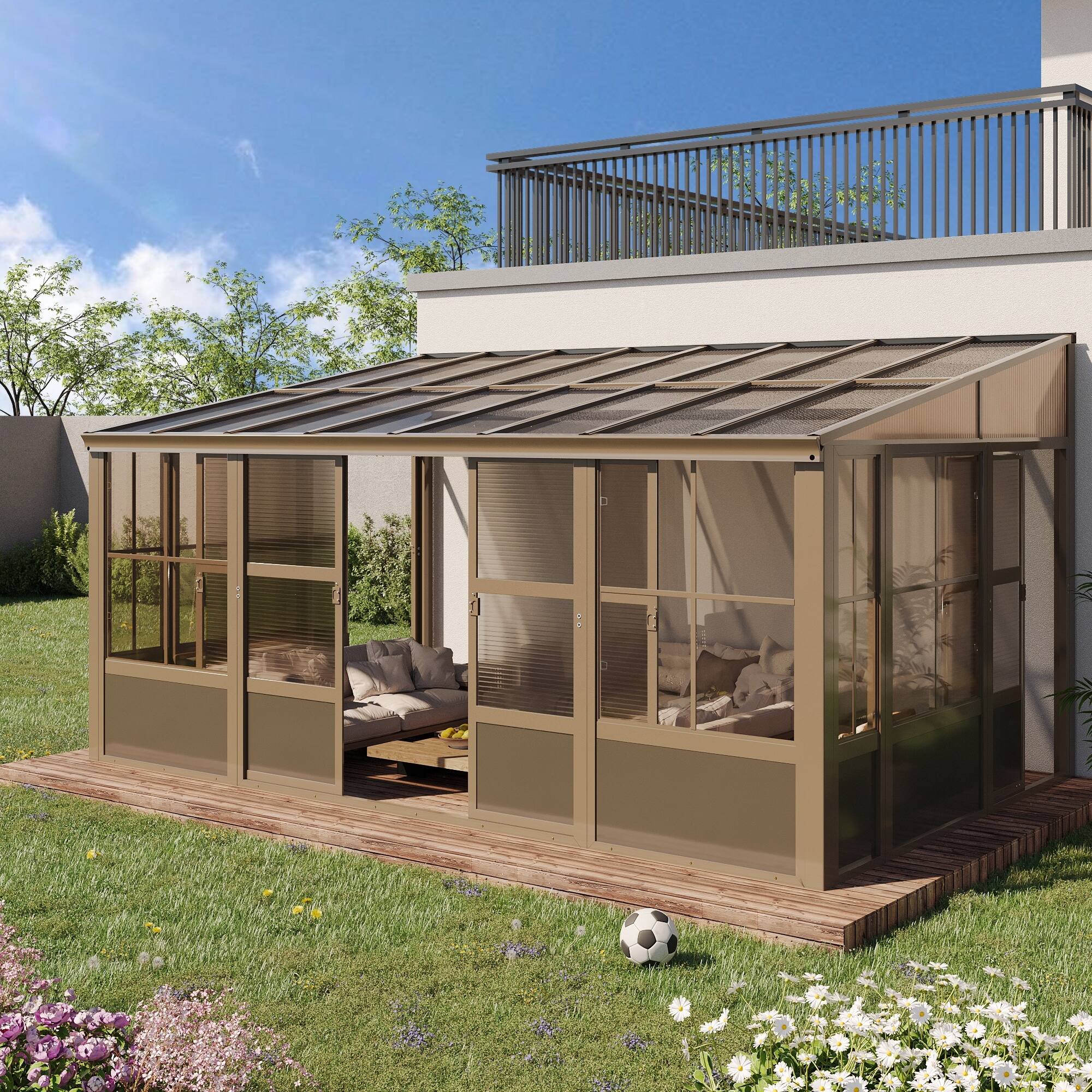 Angle. U-HOMY - 10' x 16' Wall Mounted Sunroom with Sliding Door & Gutter, All-Season Aluminum Gazebo Solarium for Patio - Warm Brown.