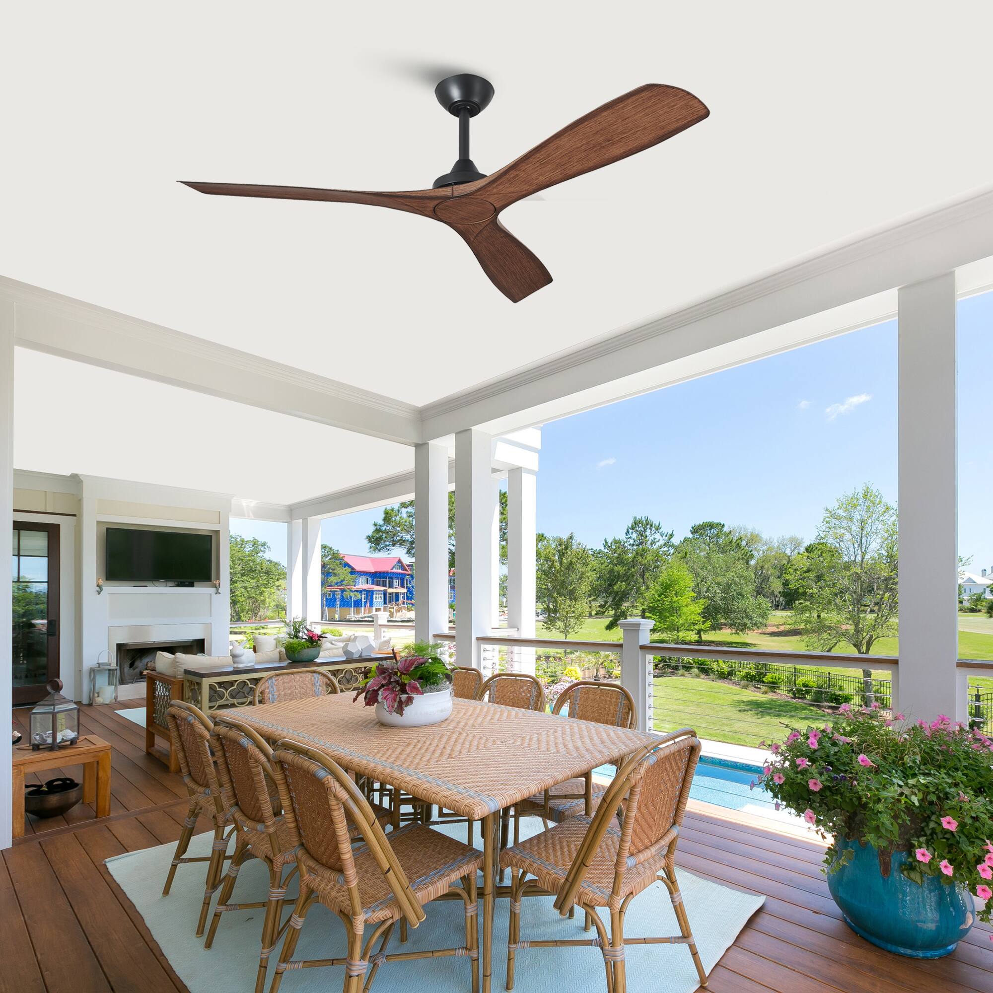 Back. Parrot Uncle - 52" Modern 3-Blade Ceiling Fan Without Light, 6-Speed Reversible DC Motor, Remote Control - Brown.