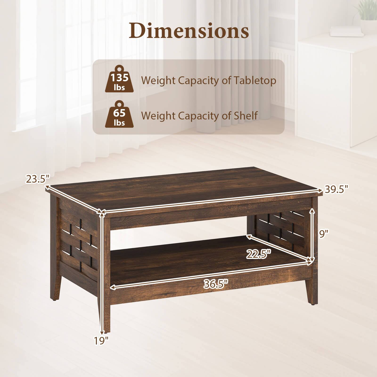 Dimensions  
Weight Capacity of Tabletop: 135 lbs  
Weight Capacity of Shelf: 65 lbs  

23.5" x 39.5" x 9"  
22.5" x 36.5" x 19"