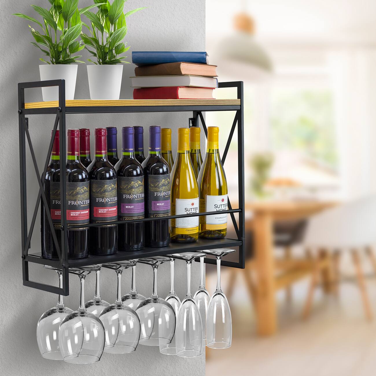 Sure, here is the corrected and grouped text from the image:

**Top Shelf:**
- Books and plants

**Middle Shelf:**
- FRONTER
  - CABERNET SAUVIGNON
  - MERLOT
  - CHARDONNAY
  - SUTTER
    - CHARDONNAY

**Bottom Shelf:**
- Wine glasses