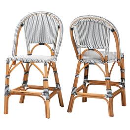 bali & pari - Genica Classic French Weaving and Natural Rattan 2-Piece Counter Stool Set - Navy Blue/White/Natural Rattan