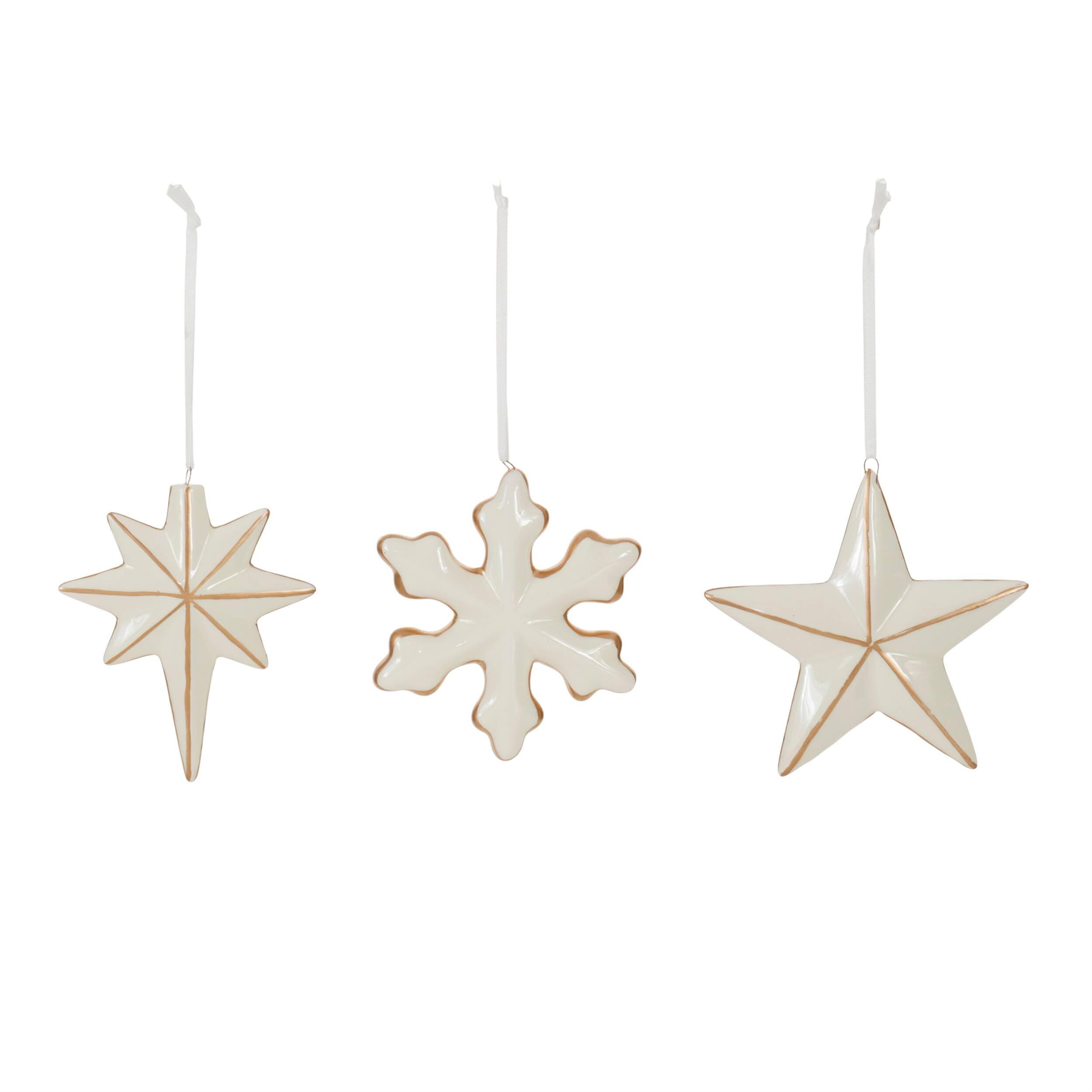 Angle. BreeBe - Ceramic Star and Snowflake Ornament (Set of 6) - White, Gold.