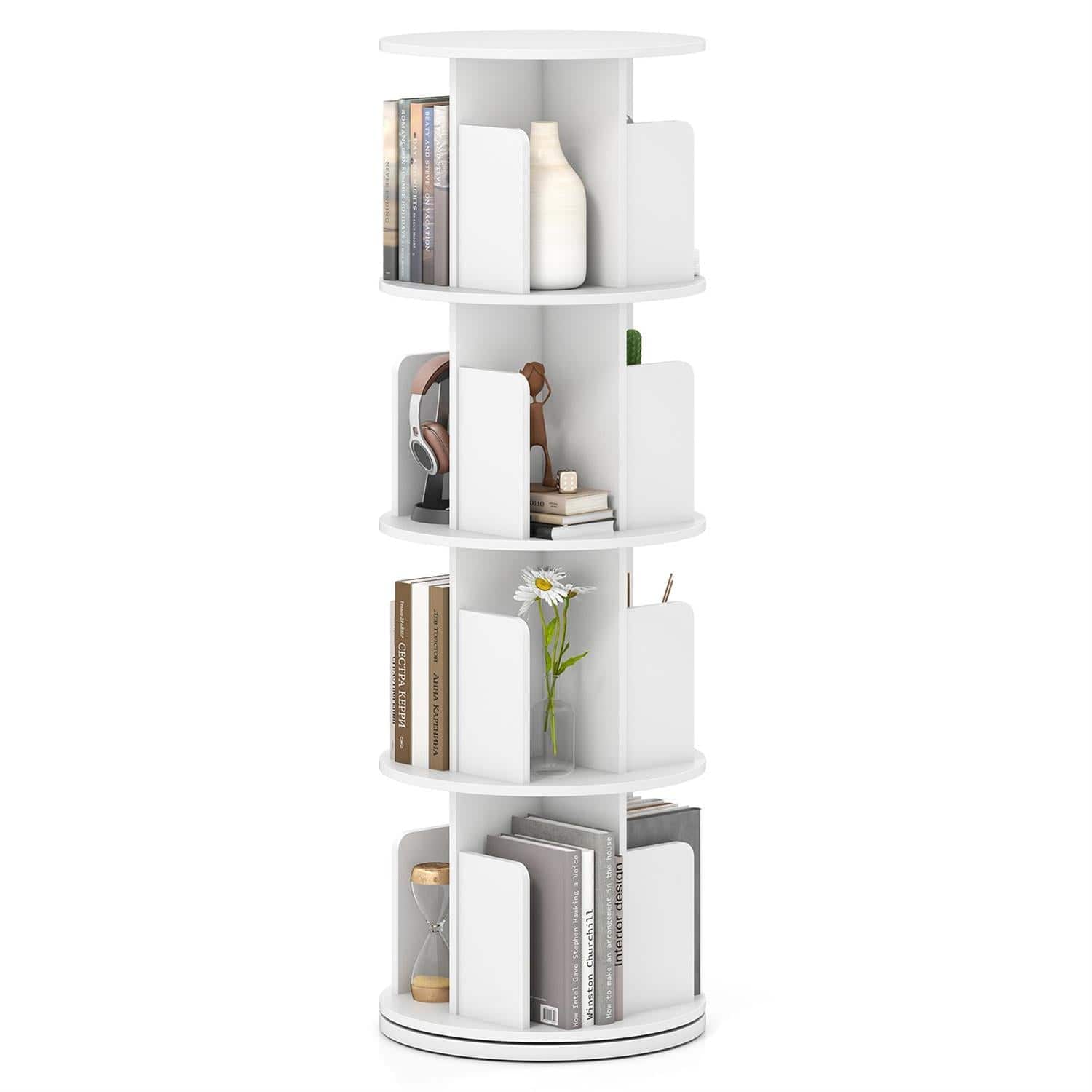 Pefilos - 4-Tier Rotating Bookshelf - 360° Display Anti-Fall, Dividers Customizable Tiers - White