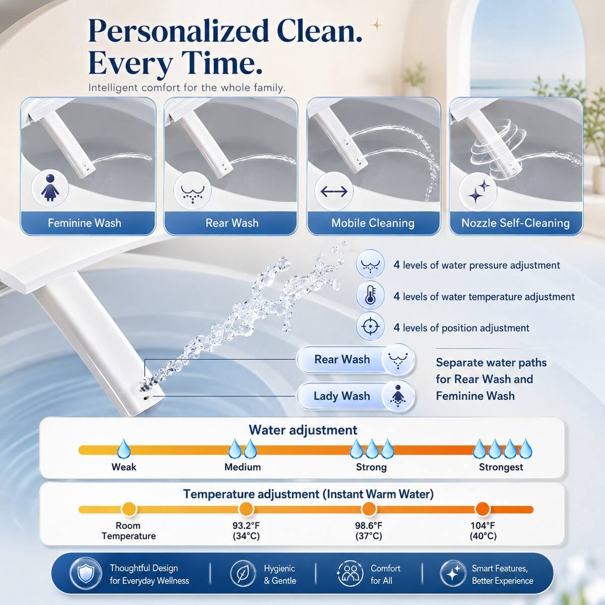 Personalized Clean. Every Time.  
Intelligent comfort for the whole family.

- Feminine Wash
- Rear Wash
- Mobile Cleaning
- Nozzle Self-Cleaning

4 levels of water pressure adjustment  
4 levels of water temperature adjustment  
4 levels of position adjustment

- Rear Wash
- Lady Wash

Separate water paths for Rear Wash and Feminine Wash

Water adjustment  
Weak  
Medium  
Strong  
Strongest

Temperature adjustment (Instant Warm Water)  
Room Temperature  
93.2°F (34°C)  
98.6°F (37°C)  
104°F (40°C)

Thoughtful Design for Everyday Wellness  
Hygienic & Gentle  
Comfort for All  
Smart Features, Better Experience
