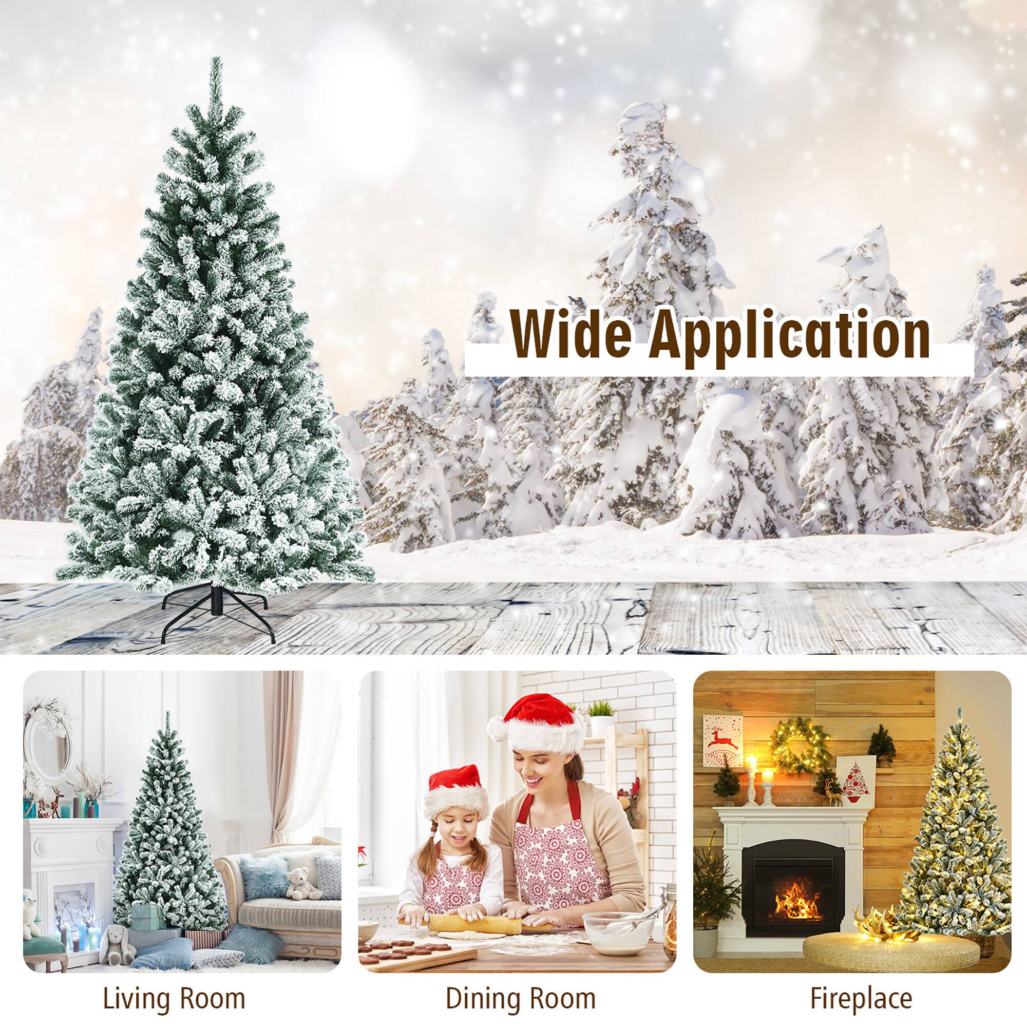 Wide Application: A Christmas tree with a snowy background, a woman and a child decorating the tree, and a woman and a child making cookies.
Living Room: A Christmas tree in a living room, a woman and a child decorating the tree, and a woman and a child making cookies.
Dining Room: A Christmas tree in a dining room, a woman and a child decorating the tree, and a woman and a child making cookies.
Fireplace: A Christmas tree in front of a fireplace, a woman and a child decorating the tree, and a woman and a child making cookies.