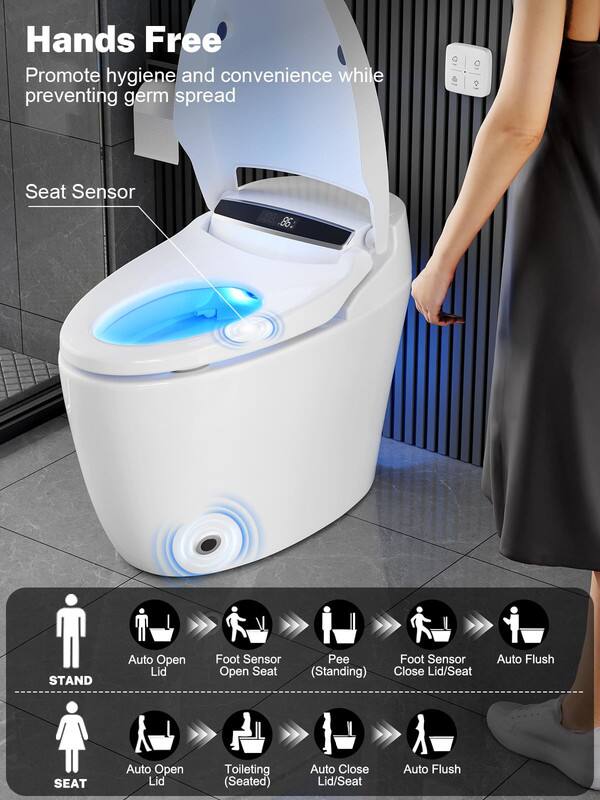 Hands Free  
Promote hygiene and convenience while preventing germ spread  

Seat Sensor  

STAND  
Auto Open Lid  
Foot Sensor Open Seat  
Pee (Standing)  
Foot Sensor Close Lid/Seat  
Auto Flush  

SEAT  
Auto Open Lid  
Toileting (Seated)  
Auto Close Lid/Seat  
Auto Flush