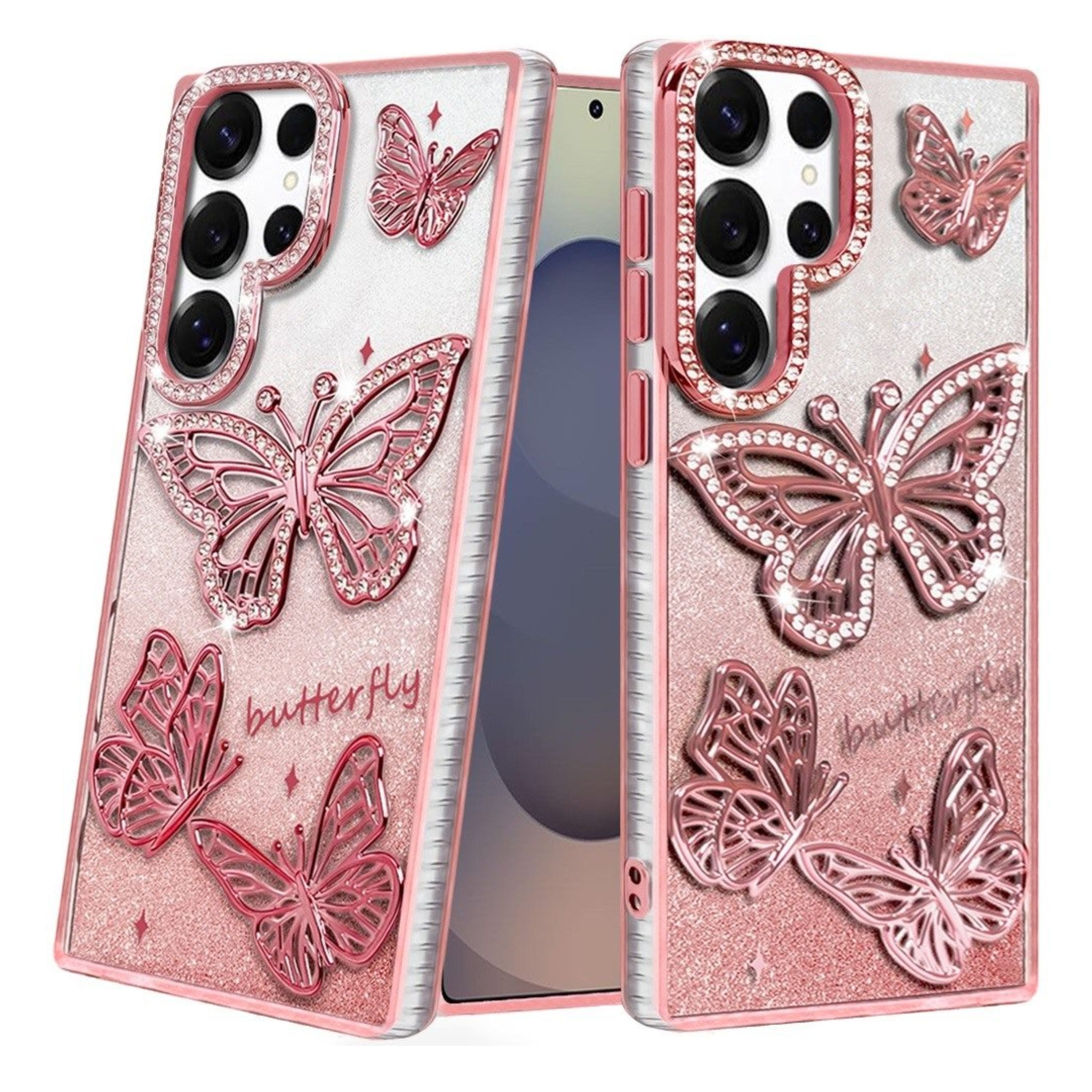 Kitcheniva - Bling Butterflies 3D Glitter Design Phone Case With Tempered Glass For Samsung Galaxy S26 Ultra - Rose Gold price history on PriceWatchPro