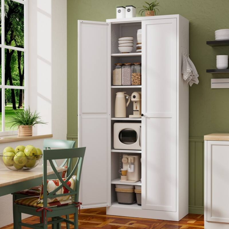 Angle. ALEXOUN - 72" White Metal Kitchen Pantry Cabinet, Freestanding Storage Organizer with 5 Adjustable Shelves,for Kitchen, Pantry - White.