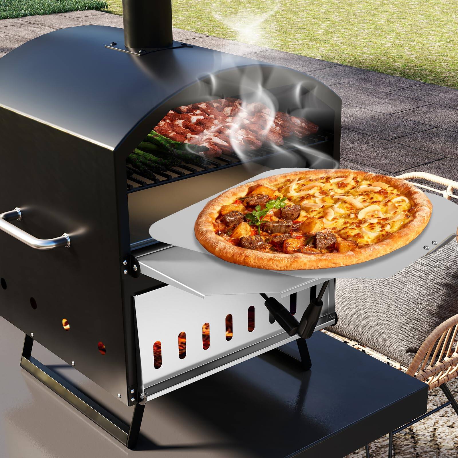 Alt View 1. Ecooso - 16" Wood-Fired Pizza Oven, Dual-Layer Outdoor Pizza Maker with Square Pizza Stone - Black + Silver.