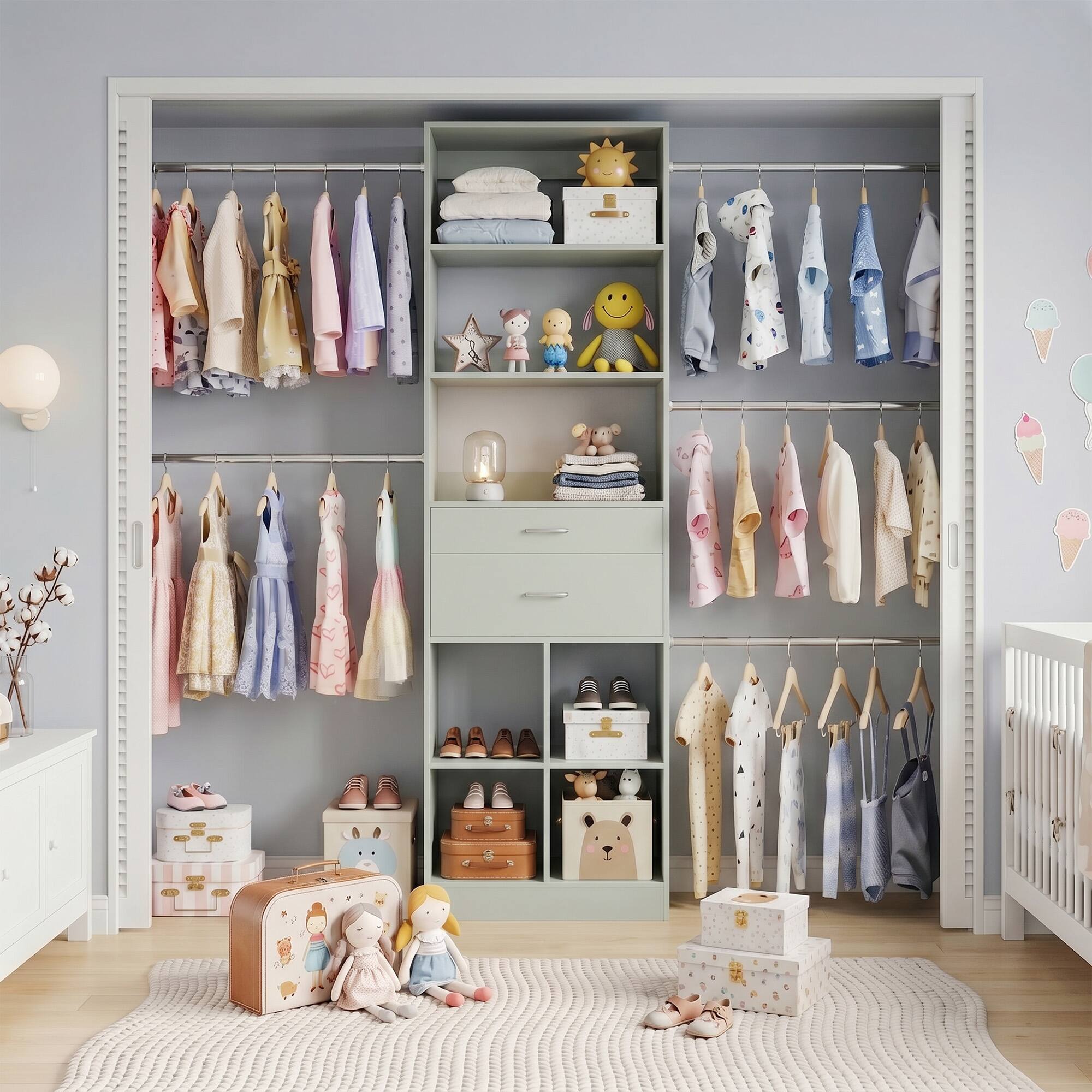 Angle. Aheaplus - Small Closet System, 3.2-6.8FT Adjustable Closet Organizer with 2 Drawers & 5 Hanging Rods - Cyan.
