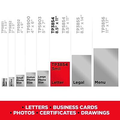 Sure, here is the corrected and grouped text:

**TP5851**  
3.5" x 5"  
Small Size  
Photo  
Business Card

**TP5852**  
2" x 5"  
Small Size  
Photo  
Business Card

**TP5902**  
3" x 6"  
Medium Size  
Photo  
Business Card

**TP5900**  
4" x 6"  
Medium Size  
Photo  
Business Card

**TP5903**  
4" x 7"  
Medium Size  
Photo  
Certificate

**TP5854**  
8.5" x 11"  
Large Size  
Letter  
Certificate

**TP3854**  
8.5" x 11"  
Large Size  
Letter  
Certificate

**TP3855**  
8.5" x 17"  
Large Size  
Legal  
Certificate

**TP3856**  
11" x 17"  
Large Size  
Menu  
Certificate

**TP3854**  
3mil  
Large Size  
Letter  
Certificate

**TP3854**  
3mil  
Large Size