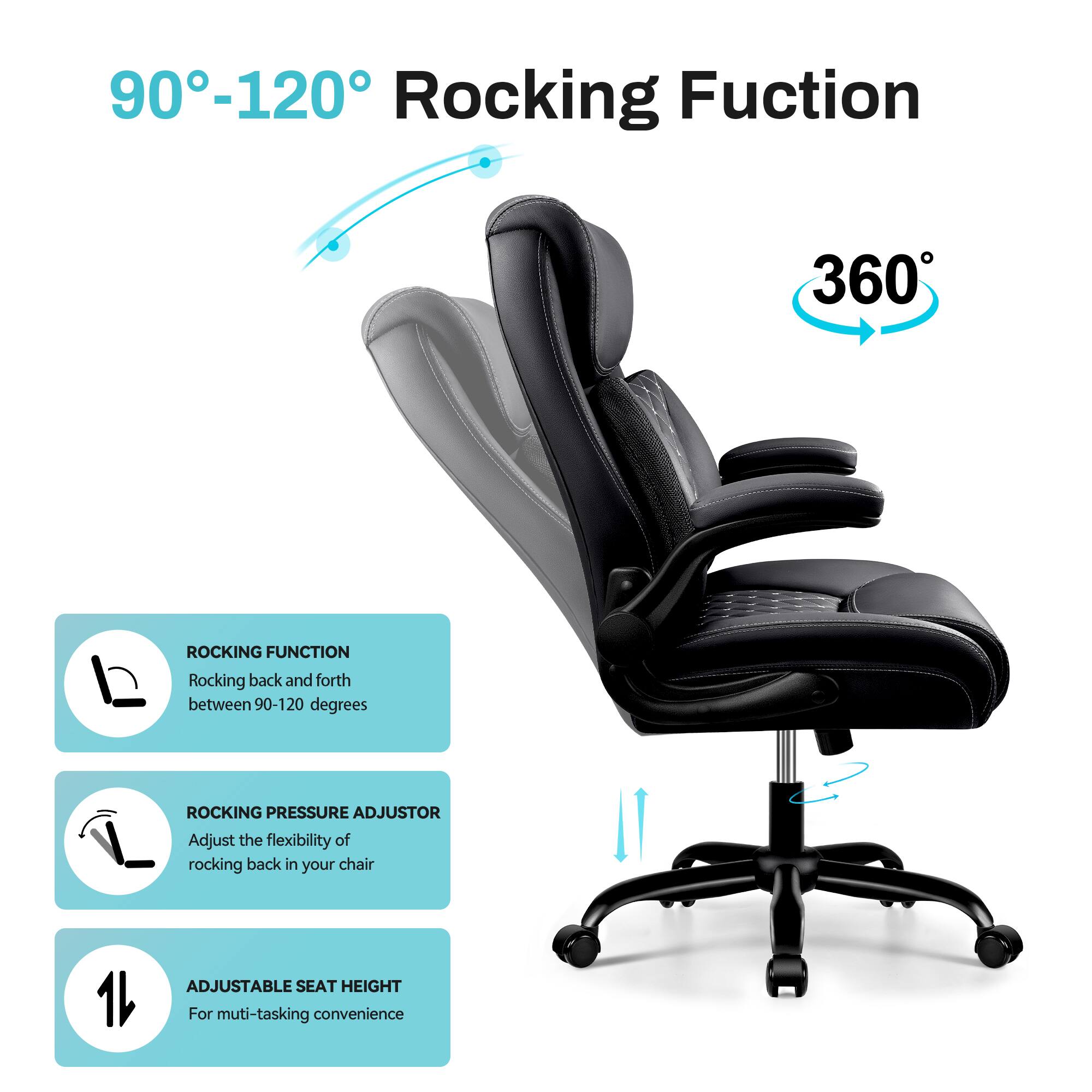 90-120 Rocking Function  
360° Rocking Function  
Rocking back and forth between 90-120 degrees  

ROCKING PRESSURE ADJUSTOR  
Adjust the flexibility of rocking back in your chair  

ADJUSTABLE SEAT HEIGHT  
For multi-tasking convenience