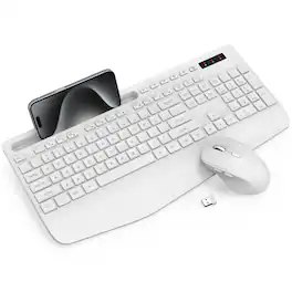 PRIMEPLUS - Wireless Keyboard Mouse Combo, Ergonomic Full-Size with Wrist Rest, Phone Holder, Silent Sleep Mode for Windows/Mac - White