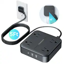 TESSAN - 4-Outlet Power Strip with 3 USB Ports(1 USB C), 5Ft Flat Extension Cord, Non-Surge Protecter - Black