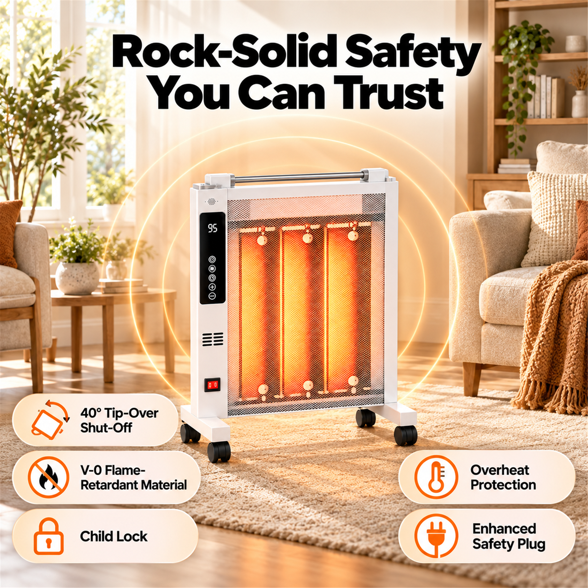 Rock-Solid Safety You Can Trust

- 40° Tip-Over Shut-Off
- V-0 Flame-Retardant Material
- Overheat Protection
- Child Lock
- Enhanced Safety Plug