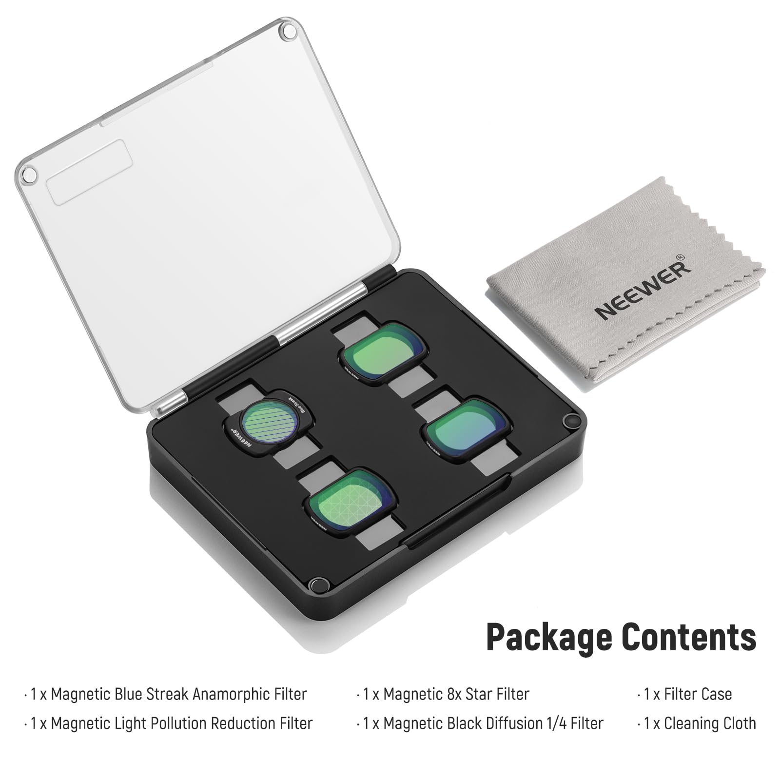 NEEWER E Rig once Package Contents

1 x Magnetic Blue Streak Anamorphic Filter  
1 x Magnetic Light Pollution Reduction Filter  
1 x Magnetic 8x Star Filter  
1 x Magnetic Black Diffusion 1/4 Filter  
1 x Filter Case  
1 x Cleaning Cloth