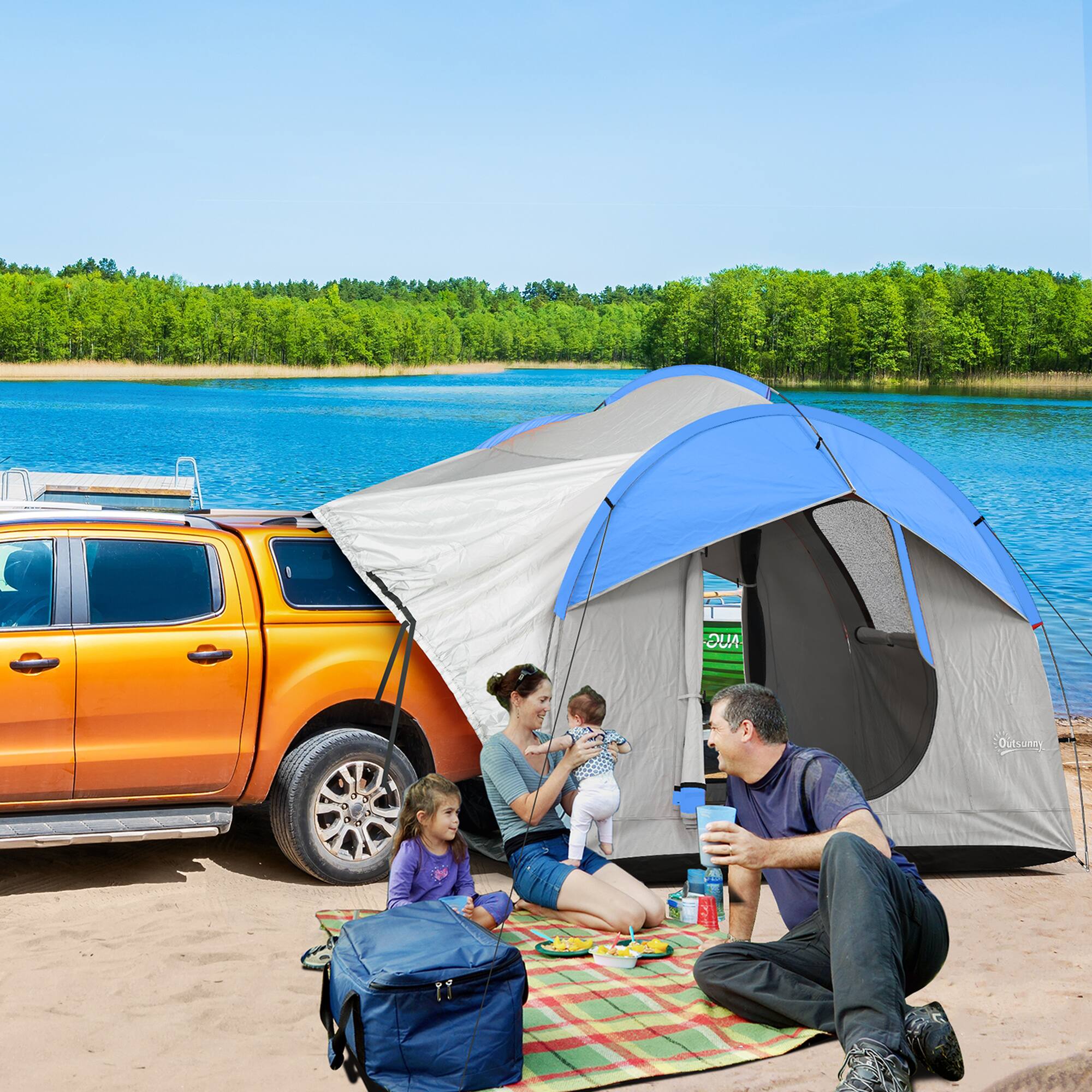 Alt View 1. Outsunny - SUV Tent, 2000mm Waterproof Truck Tent with 3 Doors and Mesh Window, 7.5' L x 6.9' W x 6.9' H - Gray and Blue.