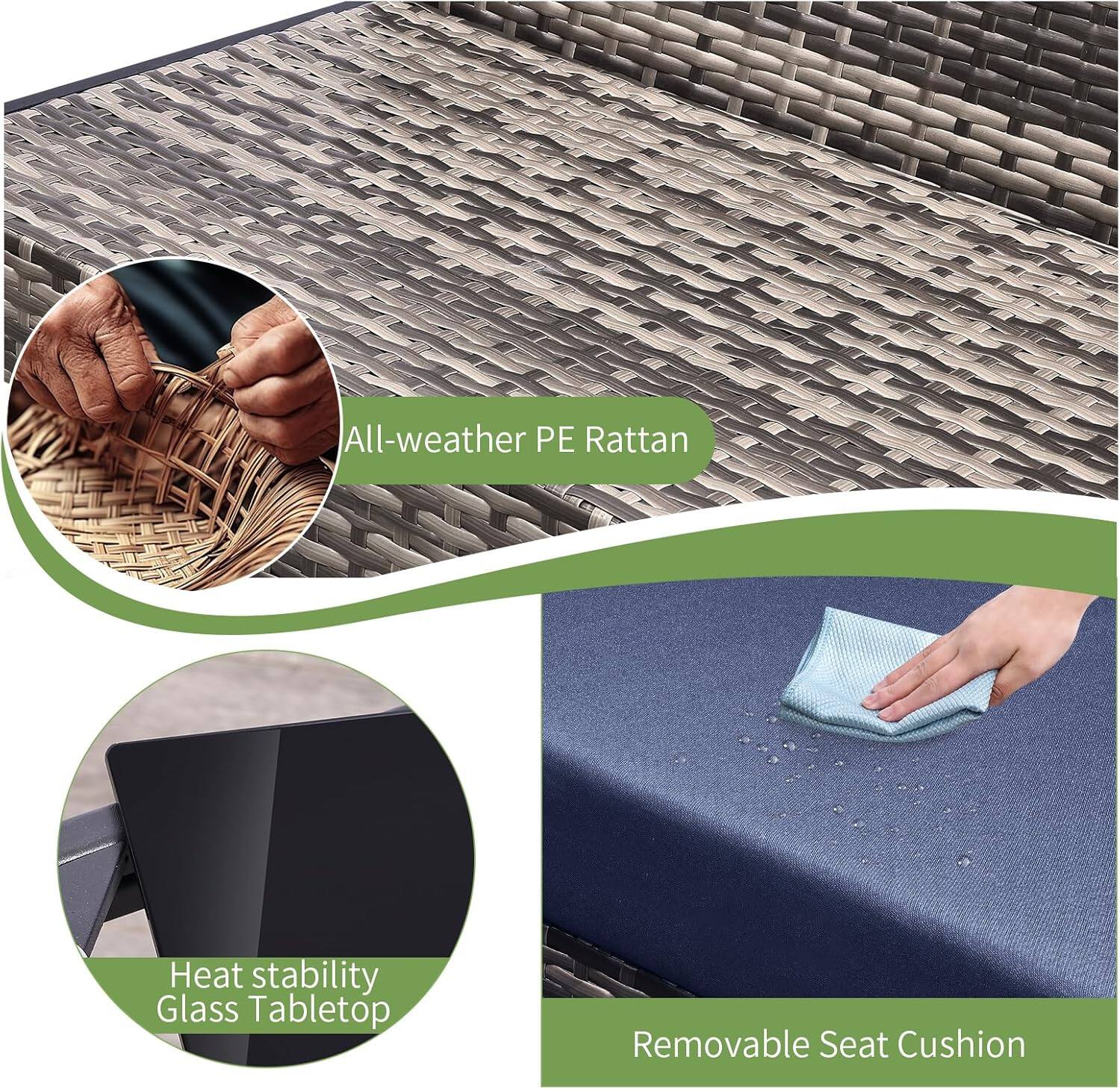 All-weather PE Rattan, Heat stability Glass Tabletop, Removable Seat Cushion