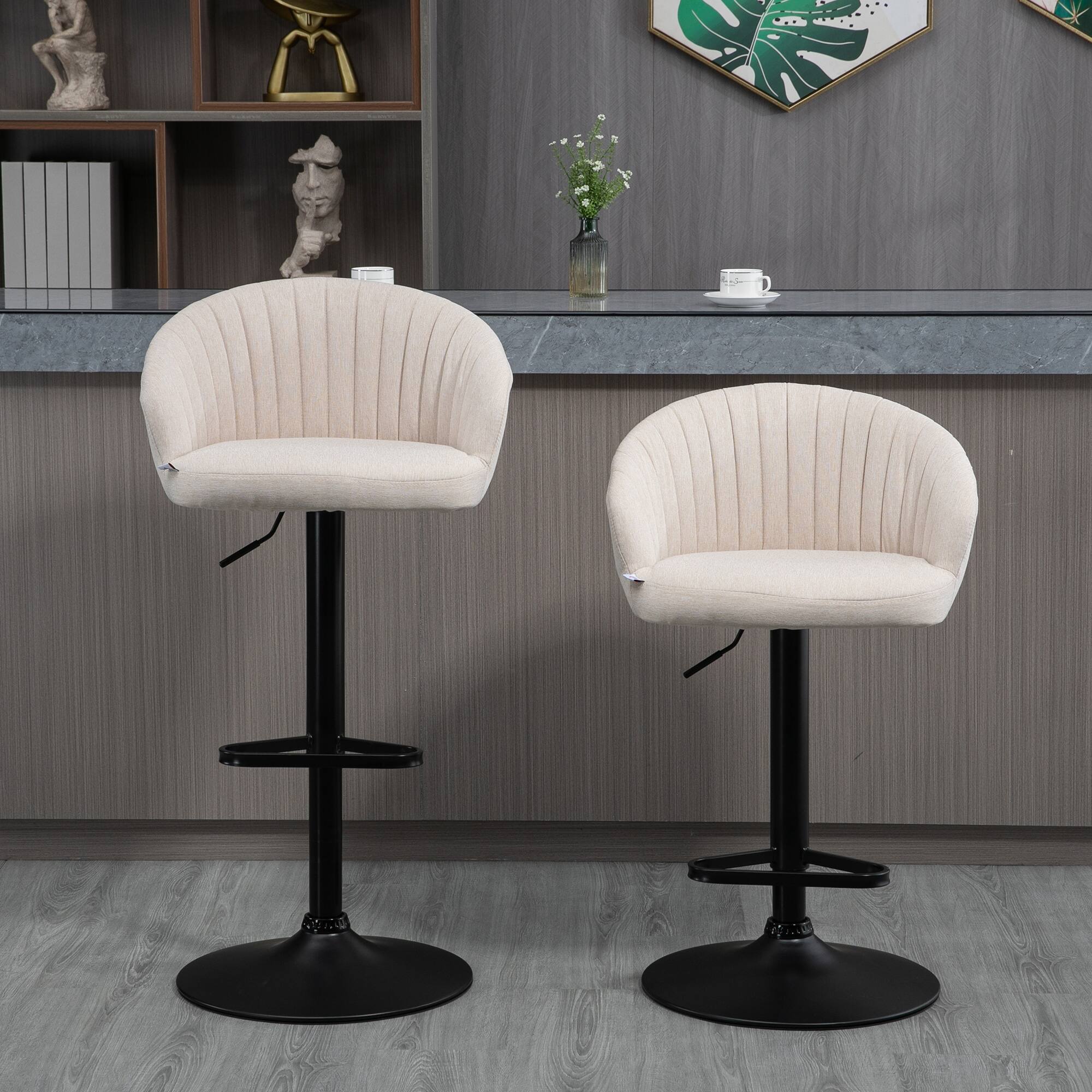 Alt View 7. Homcom - Modern Upholstered Adjustable Barstools with Swivel Seat, Linen Touch Fabric, Steel Frame - White.