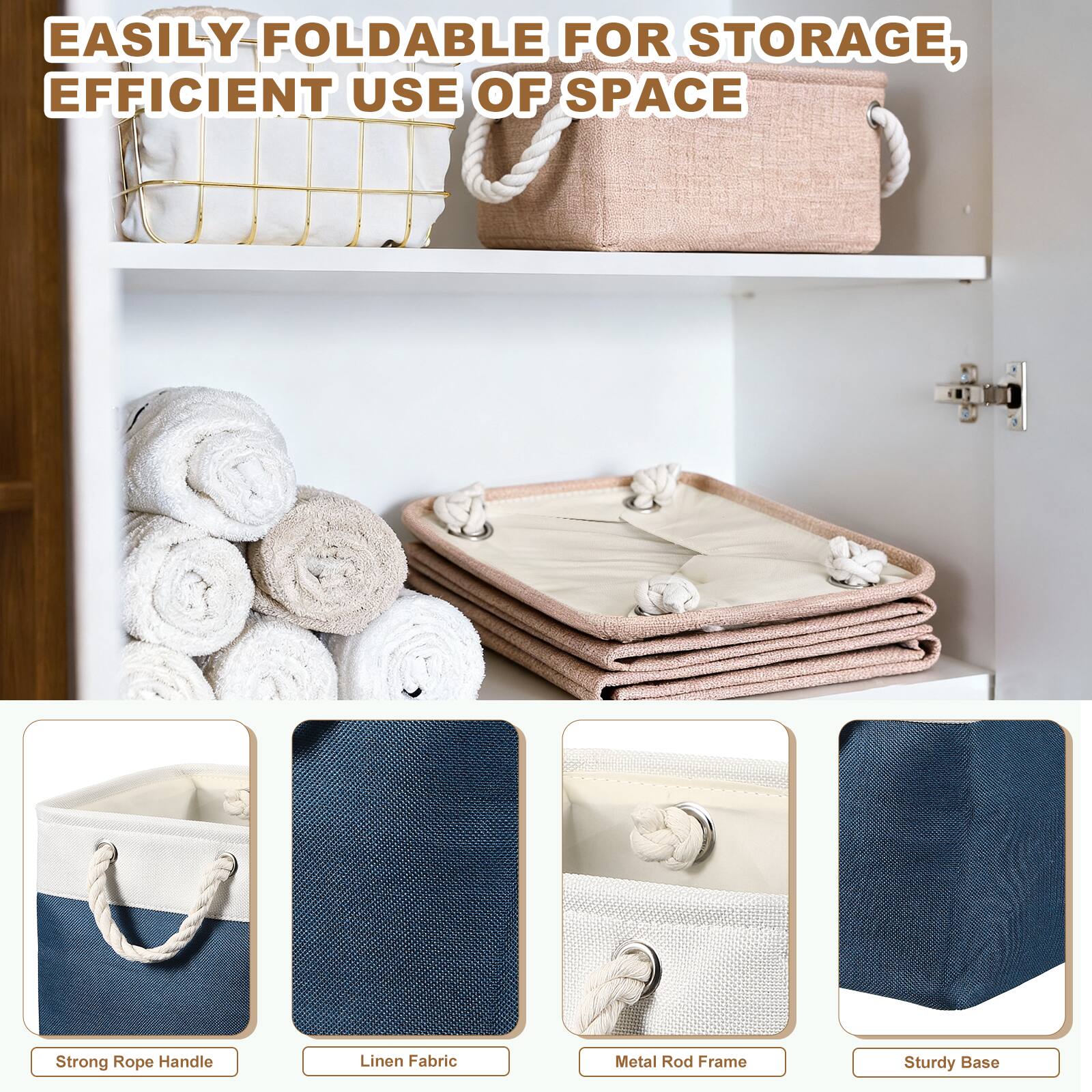 EASILY FOLDABLE FOR STORAGE, EFFICIENT USE OF SPACE

Strong Rope Handle
Linen Fabric
Metal Rod Frame
Sturdy Base