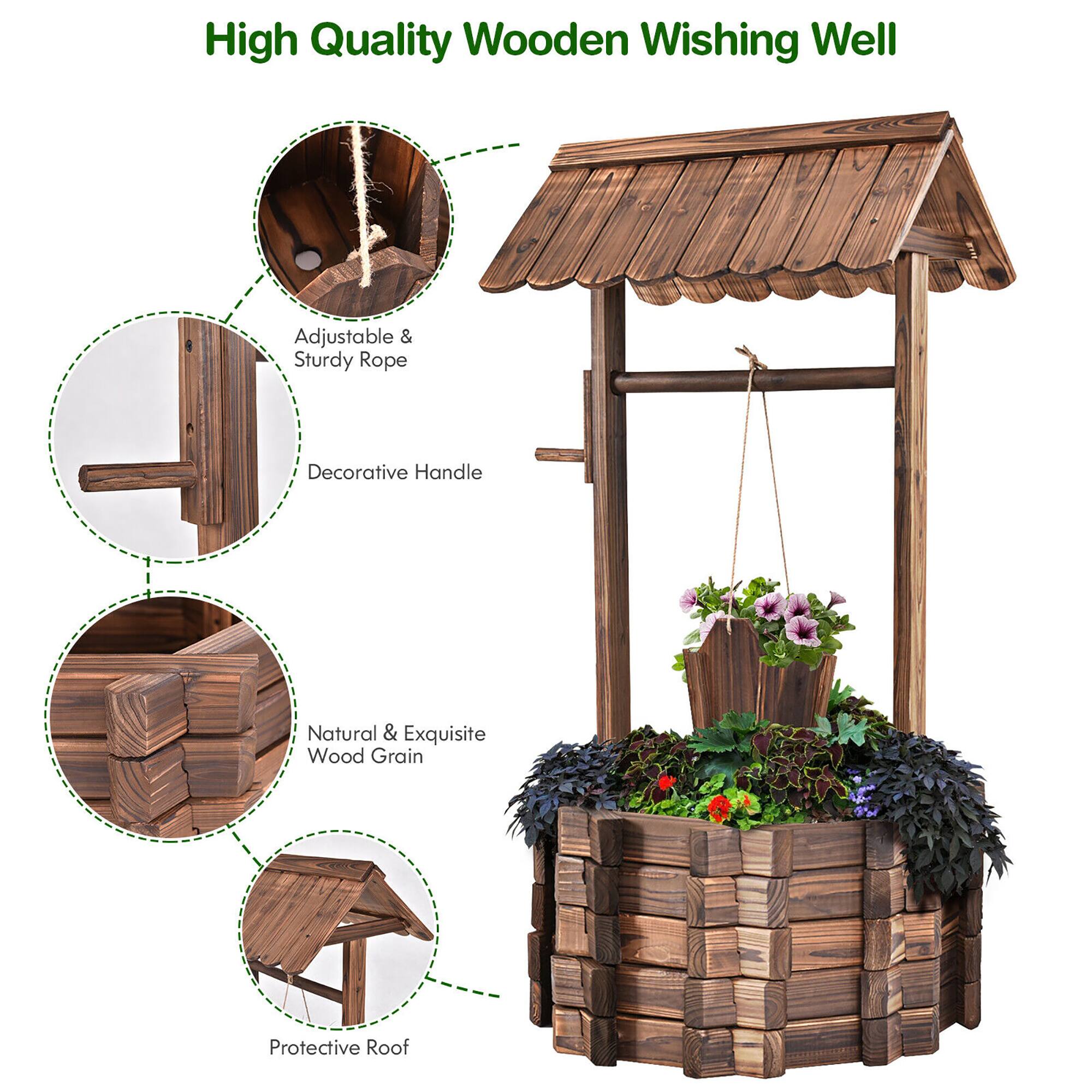 High Quality Wooden Wishing Well: Adjustable & Sturdy Rope, Decorative Handle, Natural & Exquisite Wood Grain, Protective Roof.