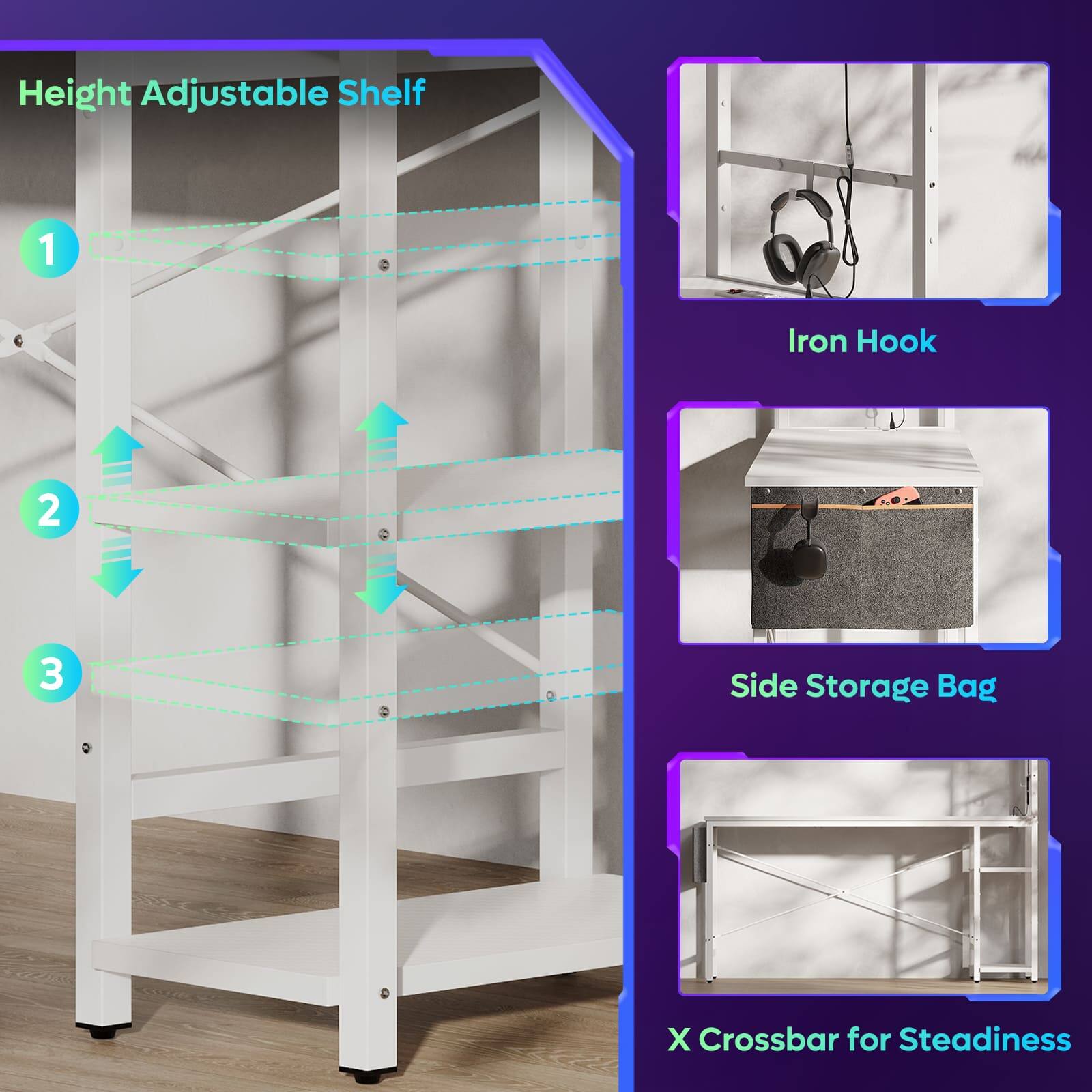 Height Adjustable Shelf 1. Iron Hook 2. Side Storage Bag 3. Crossbar for Steadiness